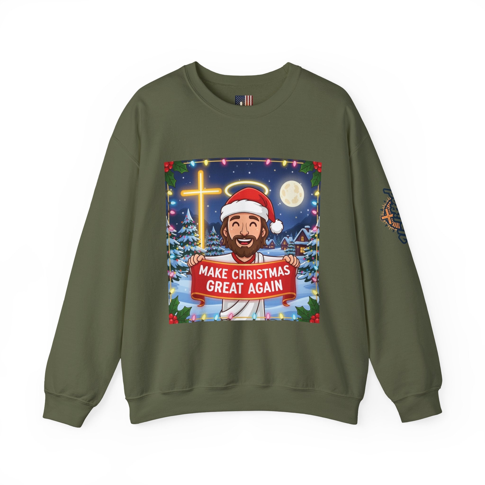 🎄 Make Christmas Great Again – Funny Christian Sweatshirt | Jesus Holding Banner | Faith-Based Holiday Parody Tee | Uplifted Gear Printify