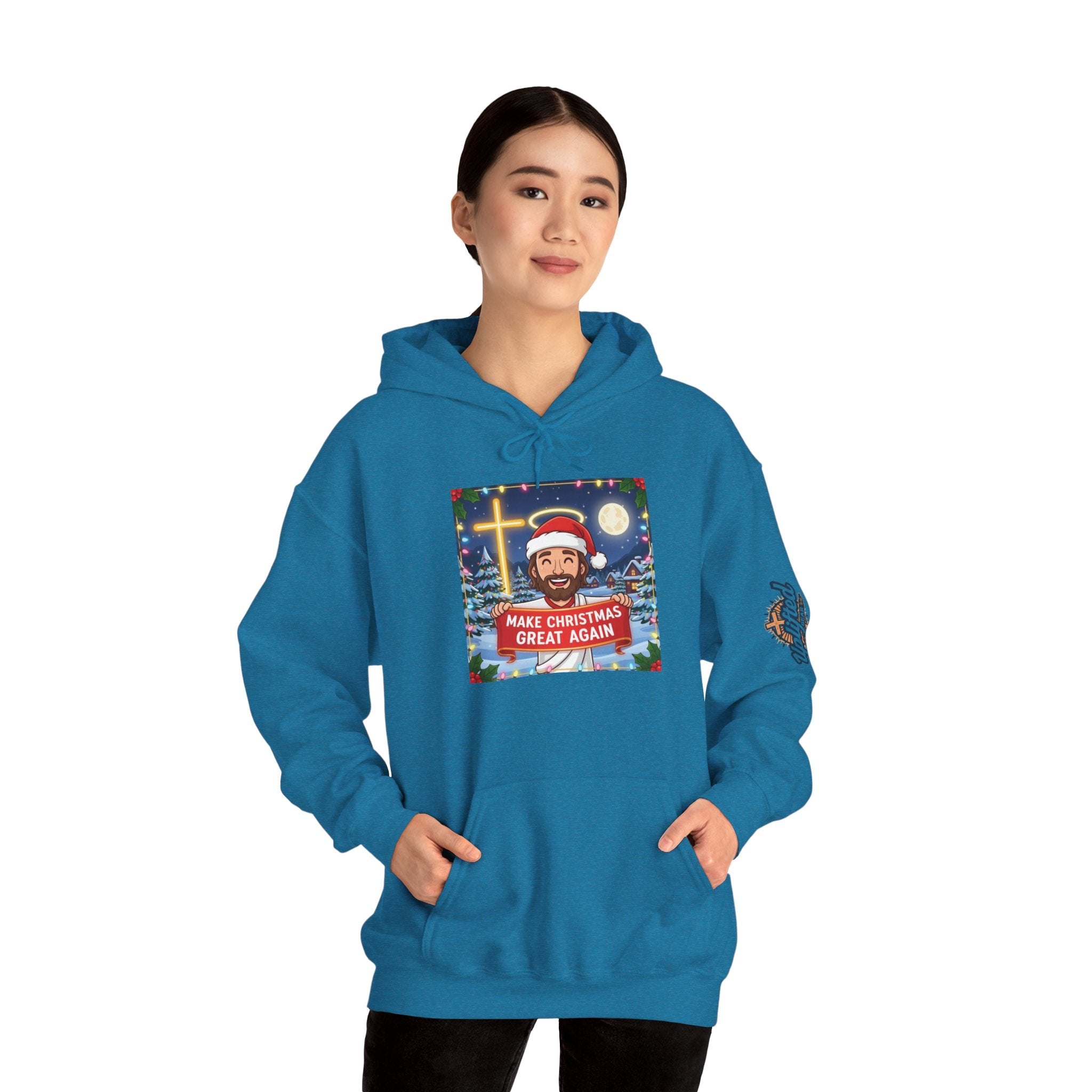 🎄 Make Christmas Great Again – Funny Christian Hoodie | Jesus Holding Banner | Faith-Based Holiday Parody Tee | Uplifted Gear Printify