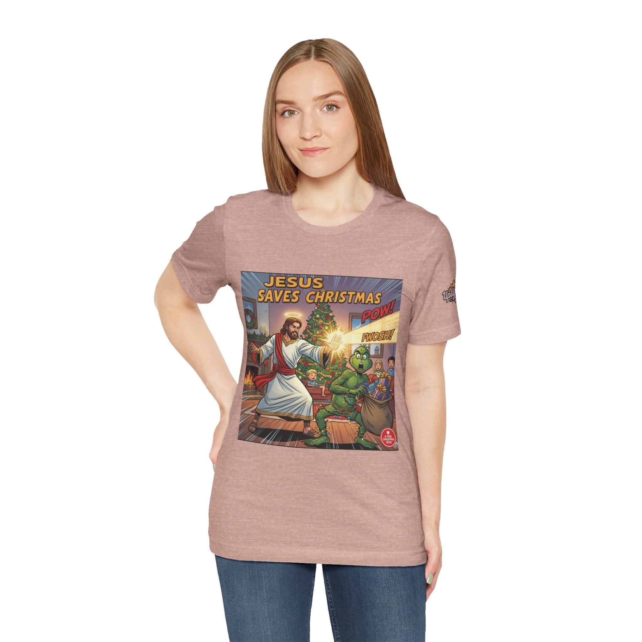 Jesus Saves Christmas T-shirt – Grinch vs Savior Light Battle Christian T-shirt for Hilarious Holiday Faith & True Joy Printify