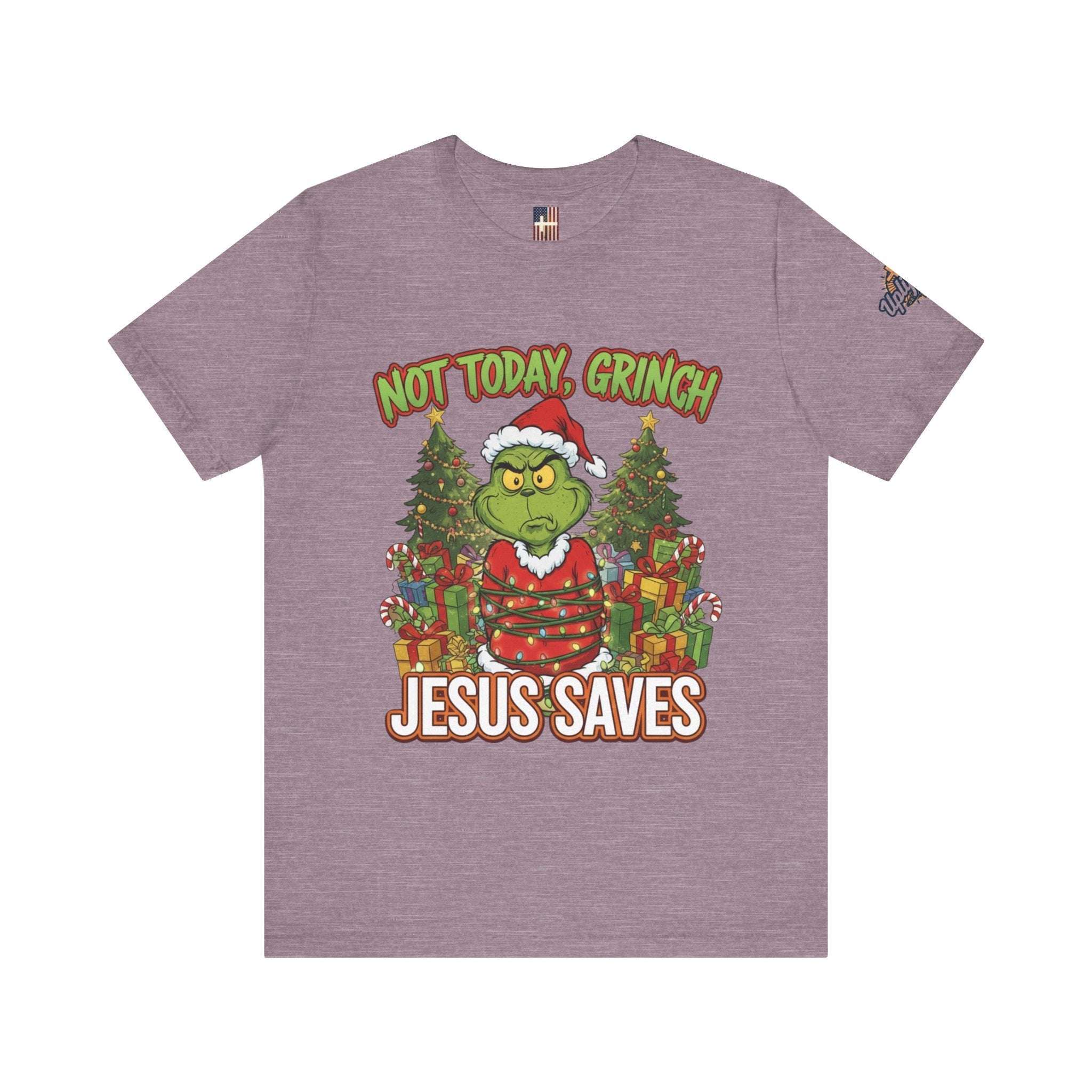 🎄 Not Today, Grinch – Jesus Saves | Funny Christian Christmas T-Shirt | Sulking Grinch & Glowing Cross | Bold Neon Faith Tee by Uplifted Gear Printify