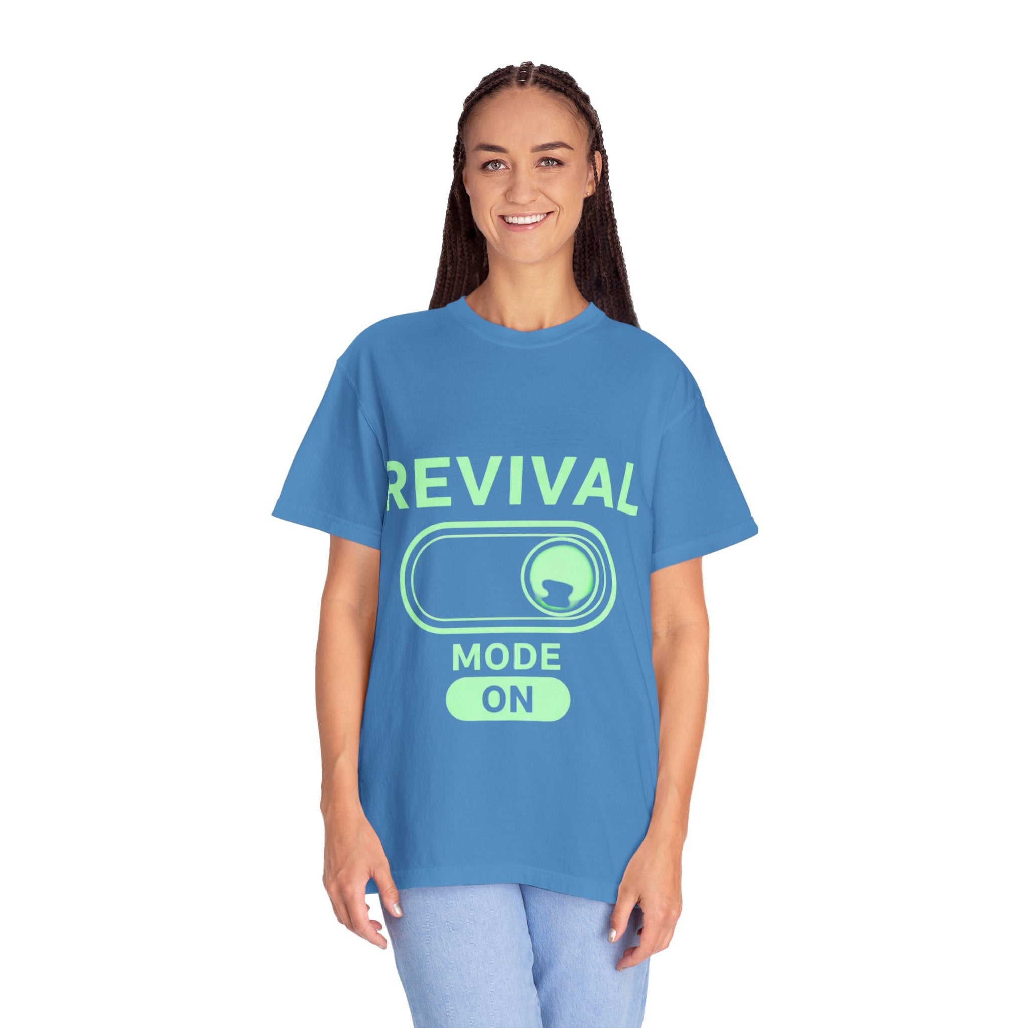 🔥 Revival Mode: ON – Christian Techwear T-Shirt | Glowing Green Faith Switch | Futuristic Jesus Shirt | Activate Your Spiritual Awakening | Uplifted Gear Printify