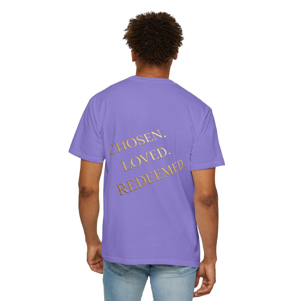 ✨ Chosen. Loved. Redeemed. – Elegant Christian T-Shirt | Gold Foil Faith Tee | Subtle Cross & Heart Design | Inspirational Bible Verse Apparel by Uplifted Gear Printify