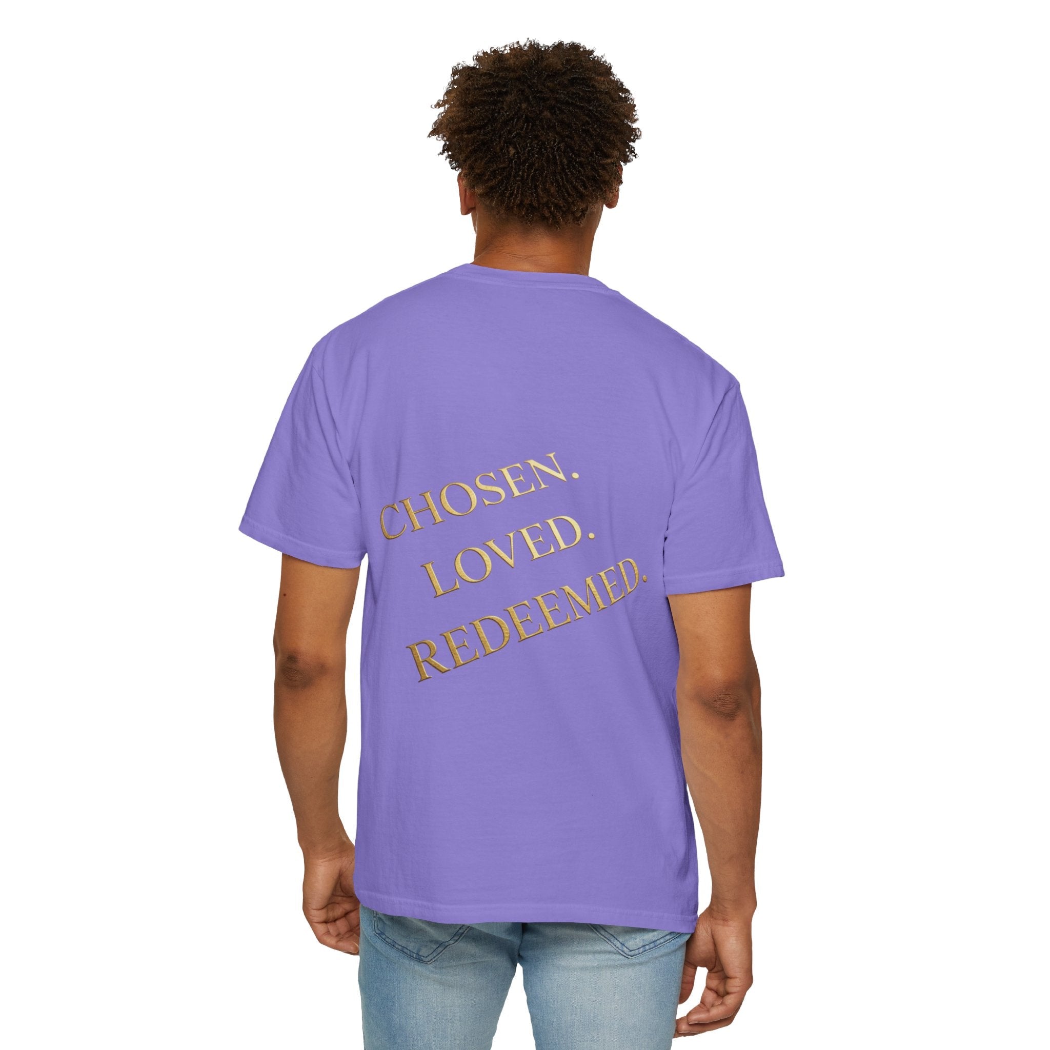 ✨ Chosen. Loved. Redeemed. – Elegant Christian T-Shirt | Gold Foil Faith Tee | Subtle Cross & Heart Design | Inspirational Bible Verse Apparel by Uplifted Gear Printify