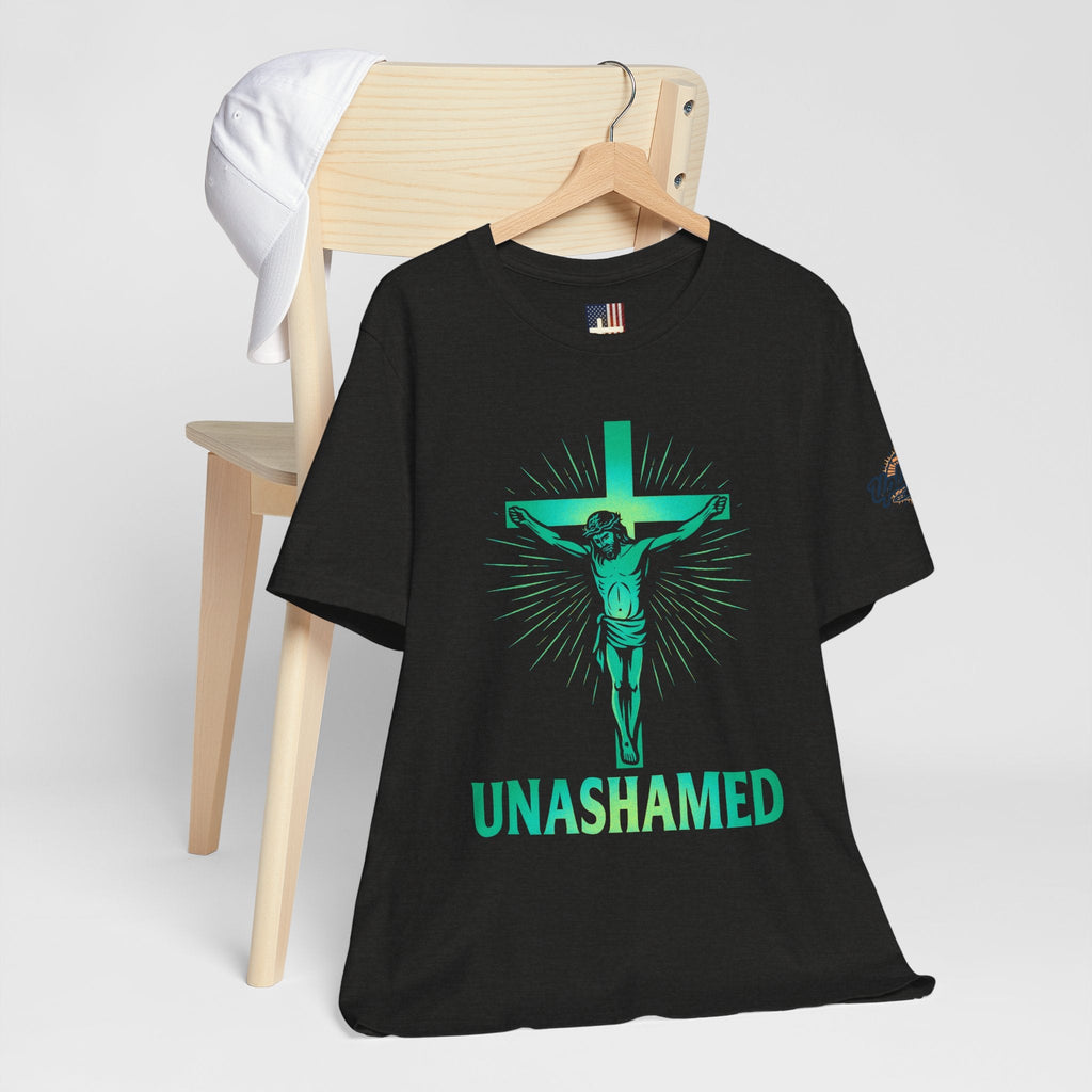 Unashamed T-shirt – Romans 1:16 Crucifixion Christian t-shirt for Bold Unwavering Faith Printify