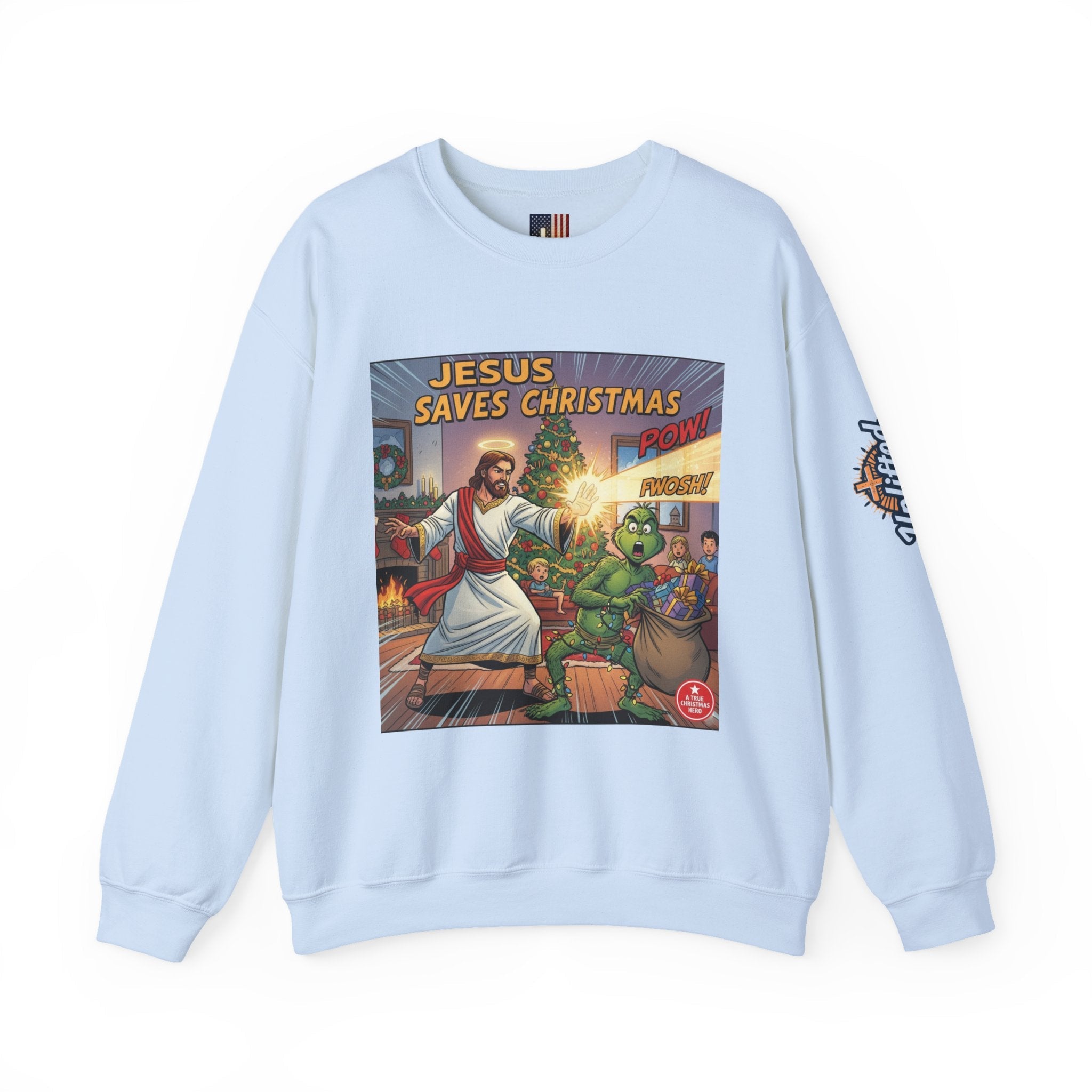 Jesus Saves Christmas Sweatshirt – Grinch vs Savior Light Battle Christian Sweatshirt for Hilarious Holiday Faith & True Joy Printify