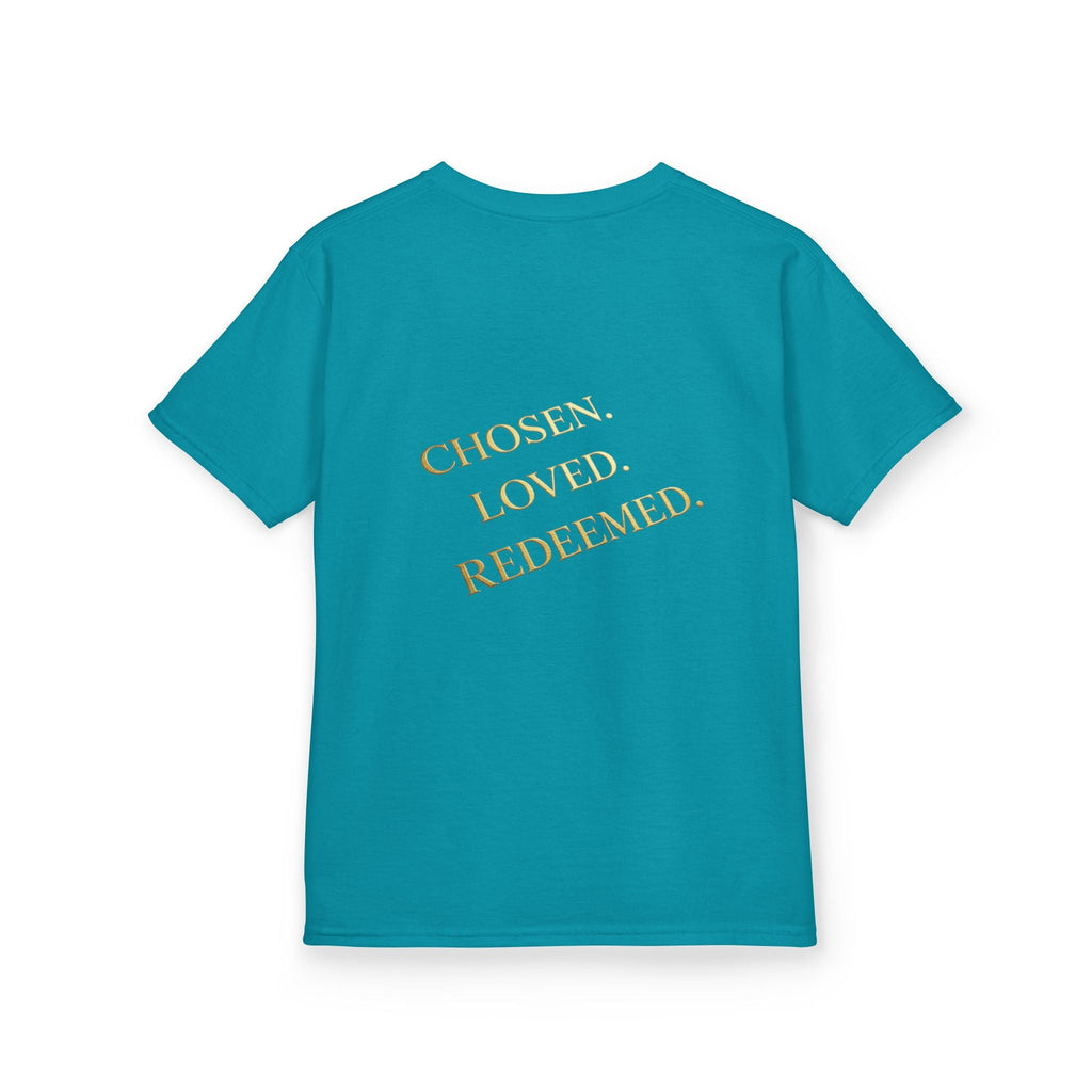 ✨ Chosen. Loved. Redeemed. – Elegant Christian Kids T-Shirt | Gold Foil Faith Tee | Subtle Cross & Heart Design | Inspirational Bible Verse Apparel by Uplifted Gear Printify