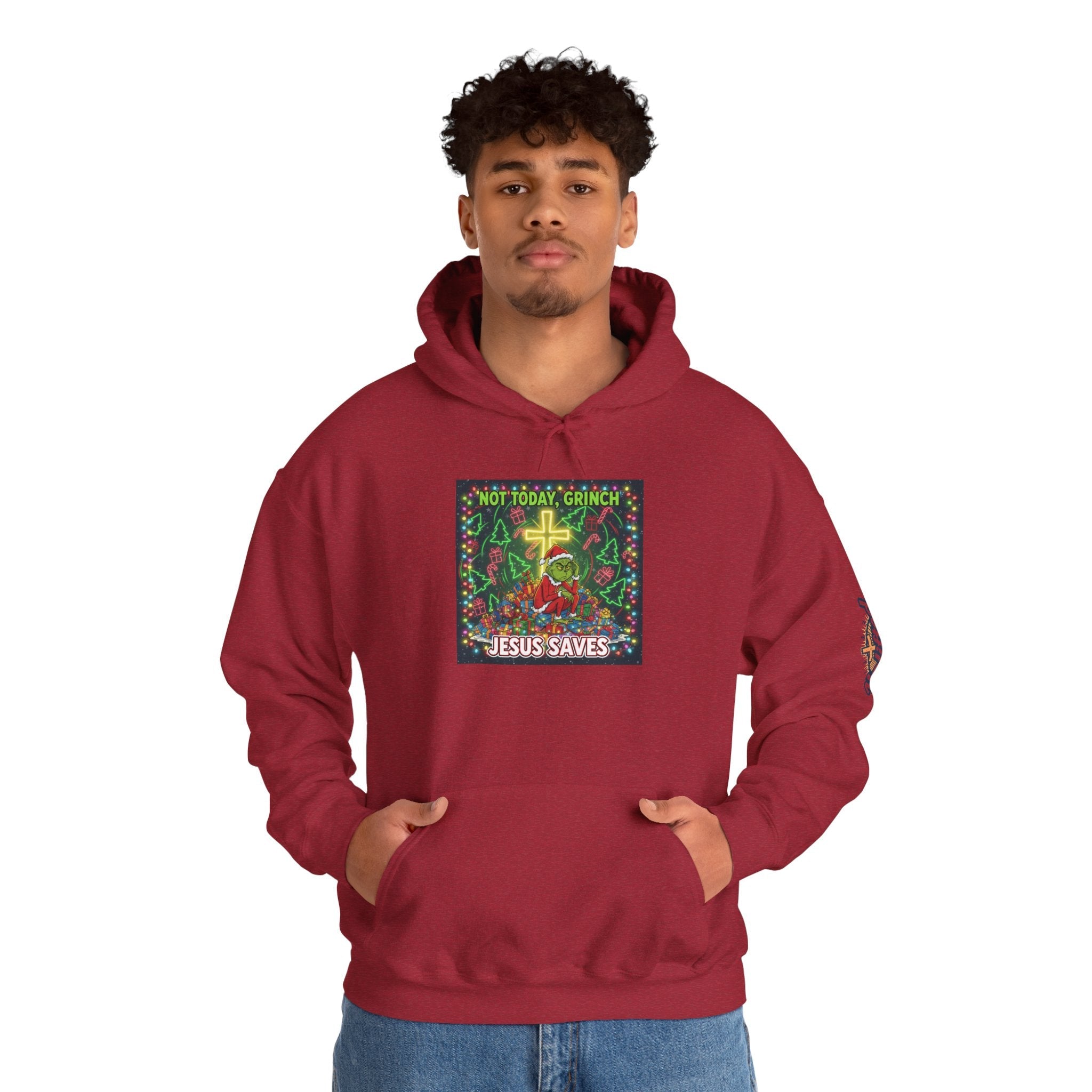 🎄 Not Today, Grinch – Jesus Saves | Funny Christian Christmas Hoodie | Festive Green & Red Cartoon Style | Bold Faith Holiday Tee by Uplifted Gear Printify