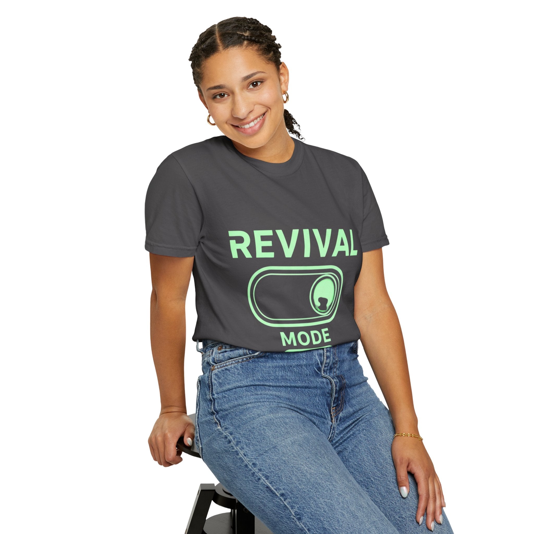🔥 Revival Mode: ON – Christian Techwear T-Shirt | Glowing Green Faith Switch | Futuristic Jesus Shirt | Activate Your Spiritual Awakening | Uplifted Gear Printify