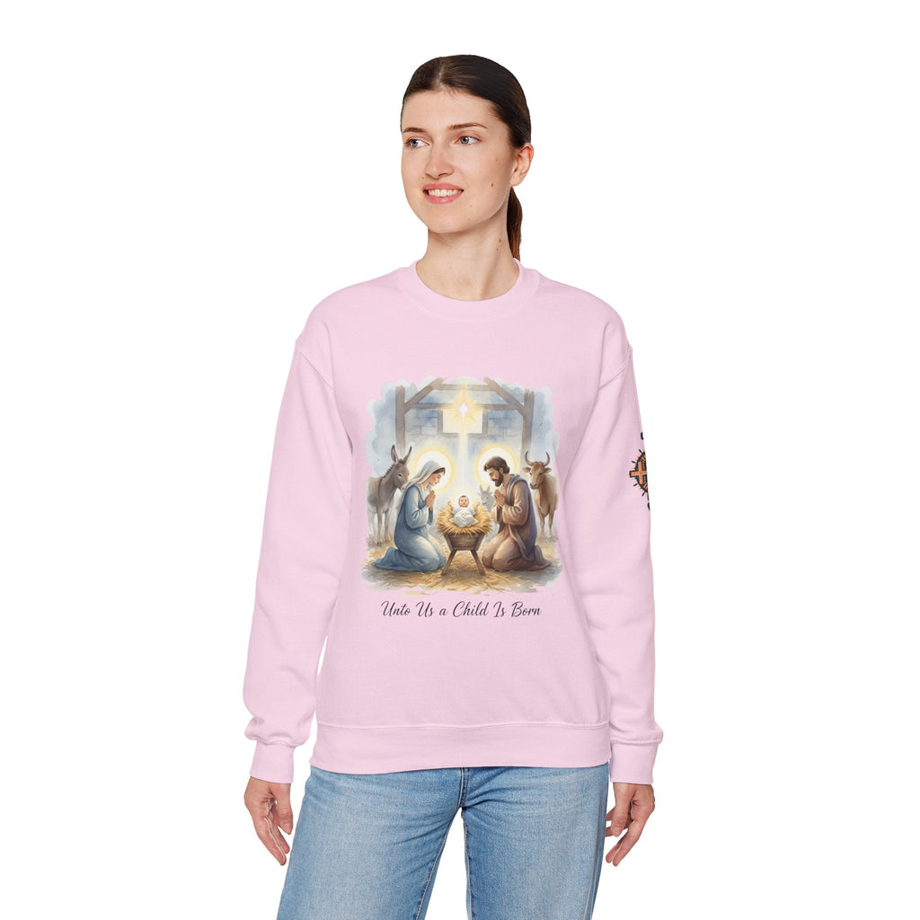 Unto Us a Child is Born Sweatshirt – Isaiah 9:6 Nativity Manger Scene Christian Christmas Sweatshirt for Holy Night Faith Printify