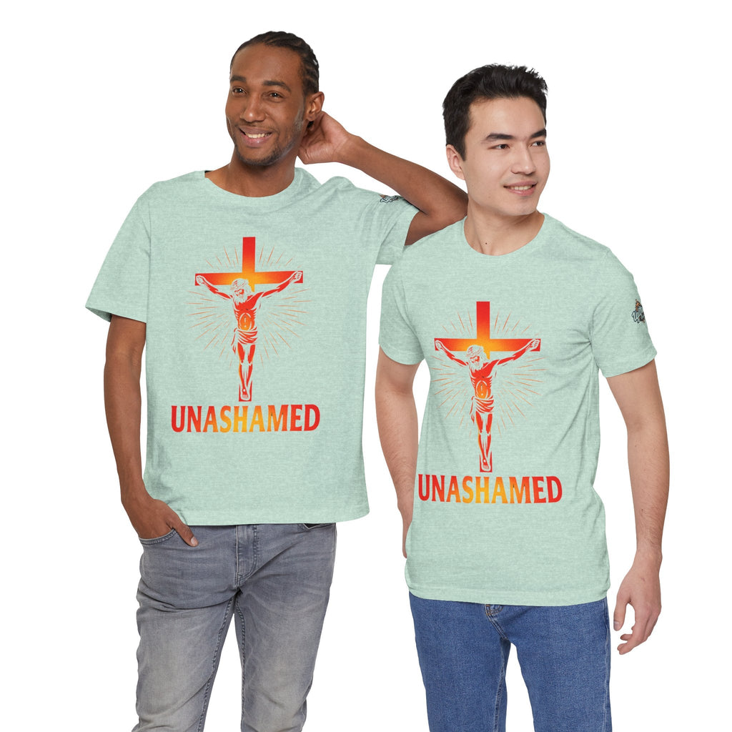 Unashamed T-shirt – Romans 1:16 Crucifixion Christian t-shirt for Bold Unwavering Faith Printify