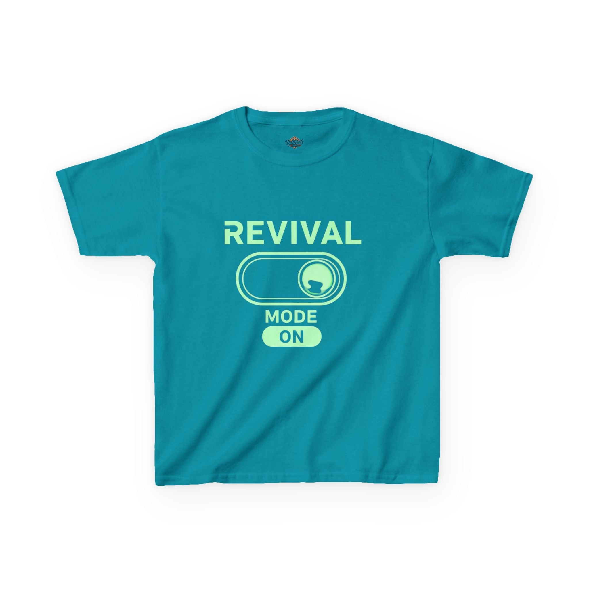 🔥 Revival Mode: ON – Christian Techwear Kids T-Shirt | Glowing Green Faith Switch | Futuristic Jesus Shirt | Activate Your Spiritual Awakening | Uplifted Gear Printify