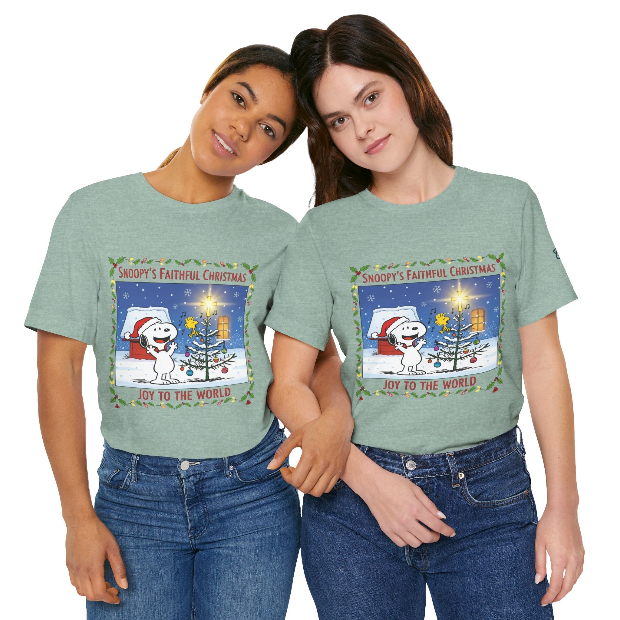 🎄 Faithful Christmas Friends – Christian Holiday T-Shirt | Festive Tree & Cartoon Duo | Heartwarming Christmas Tee by Uplifted Gear Printify