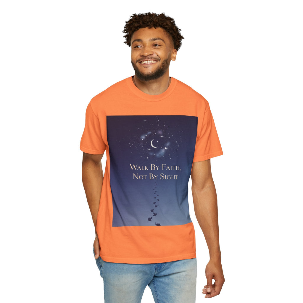 Walk by Faith, Not by Sight T-Shirt – Footprints in the Sand Christian Moonlit Tee Printify