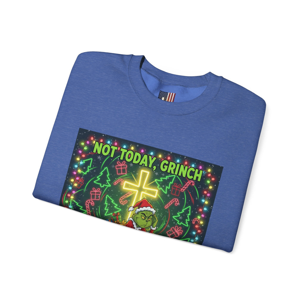 🎄 Not Today, Grinch – Jesus Saves | Funny Christian Christmas Sweatshirt | Festive Green & Red Cartoon Style | Bold Faith Holiday Tee by Uplifted Gear Printify
