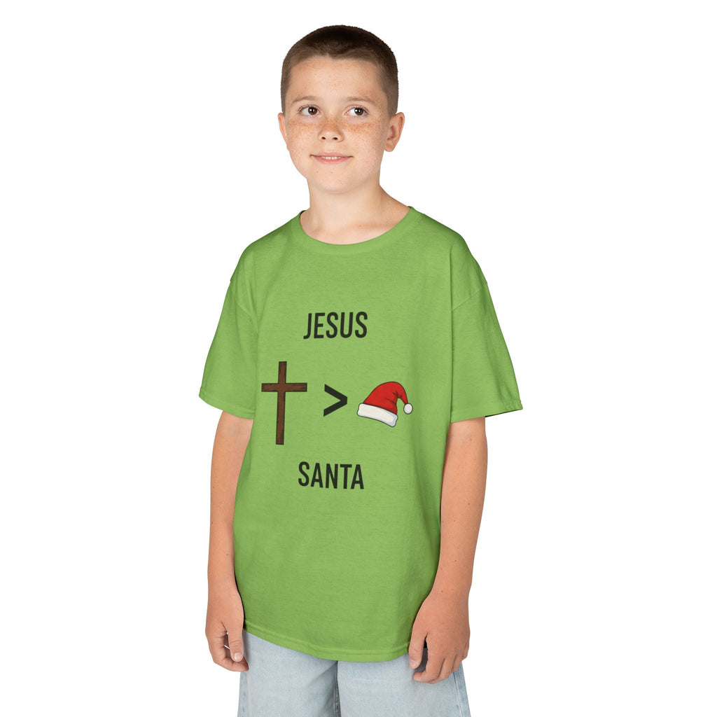 🎄 Jesus > Santa – Minimalist Christian Christmas Kids T-Shirt | Bold Faith Over Holiday Tee | Cross vs Santa Hat Design | Uplifted Gear Printify