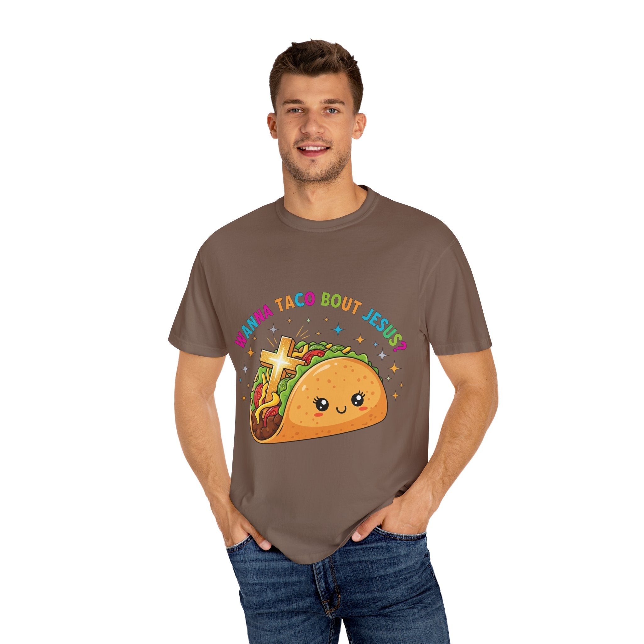 Wanna Taco 'Bout Jesus? Funny Christian Pun T-Shirt – Lettuce Pray & Share Faith! Printify