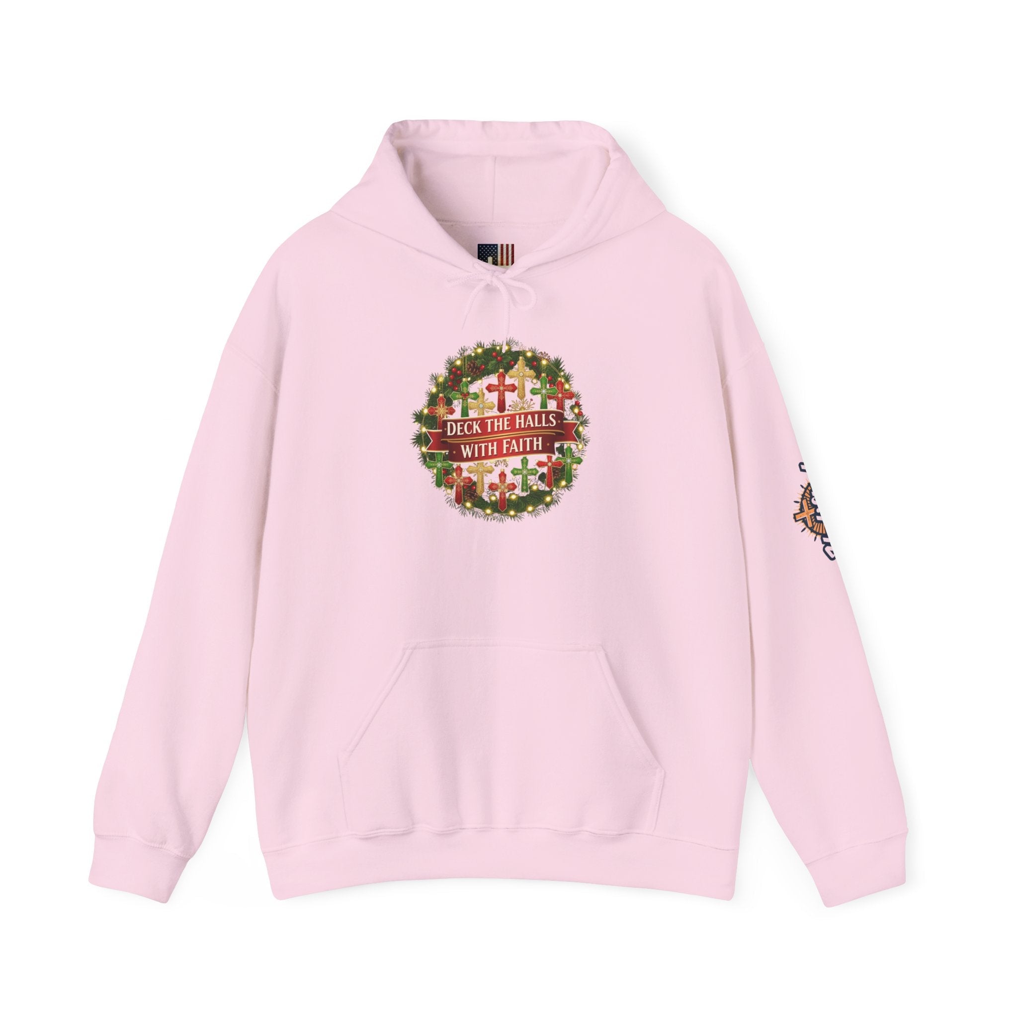 🎄 Deck the Halls with Faith – Christian Christmas Hoodie | Cross Ornament Design & Festive Garland | Bold Holiday Faith Tee by Uplifted Gear Printify