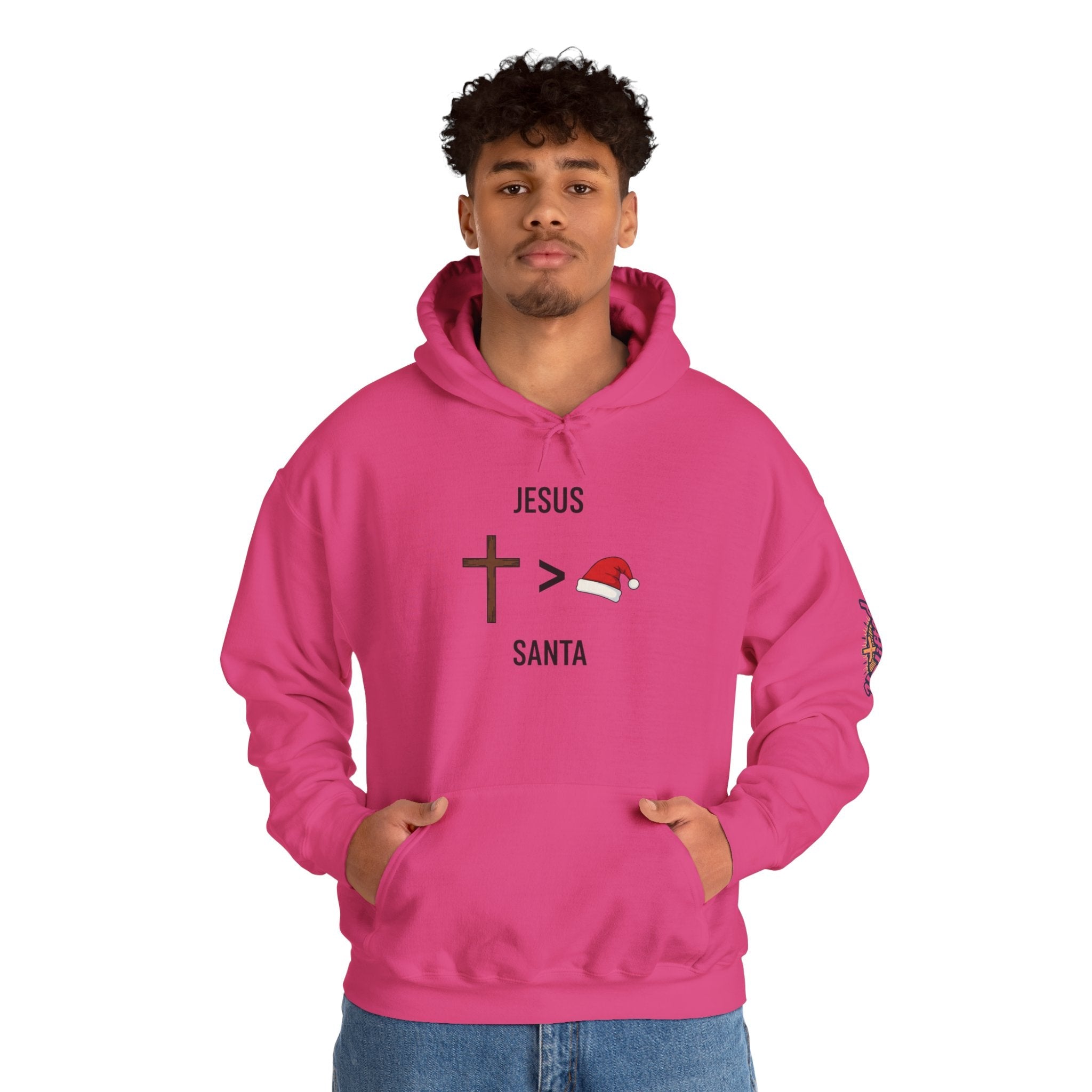 🎄 Jesus > Santa – Minimalist Christian Christmas Hoodie | Bold Faith Over Holiday Tee | Cross vs Santa Hat Design | Uplifted Gear Printify