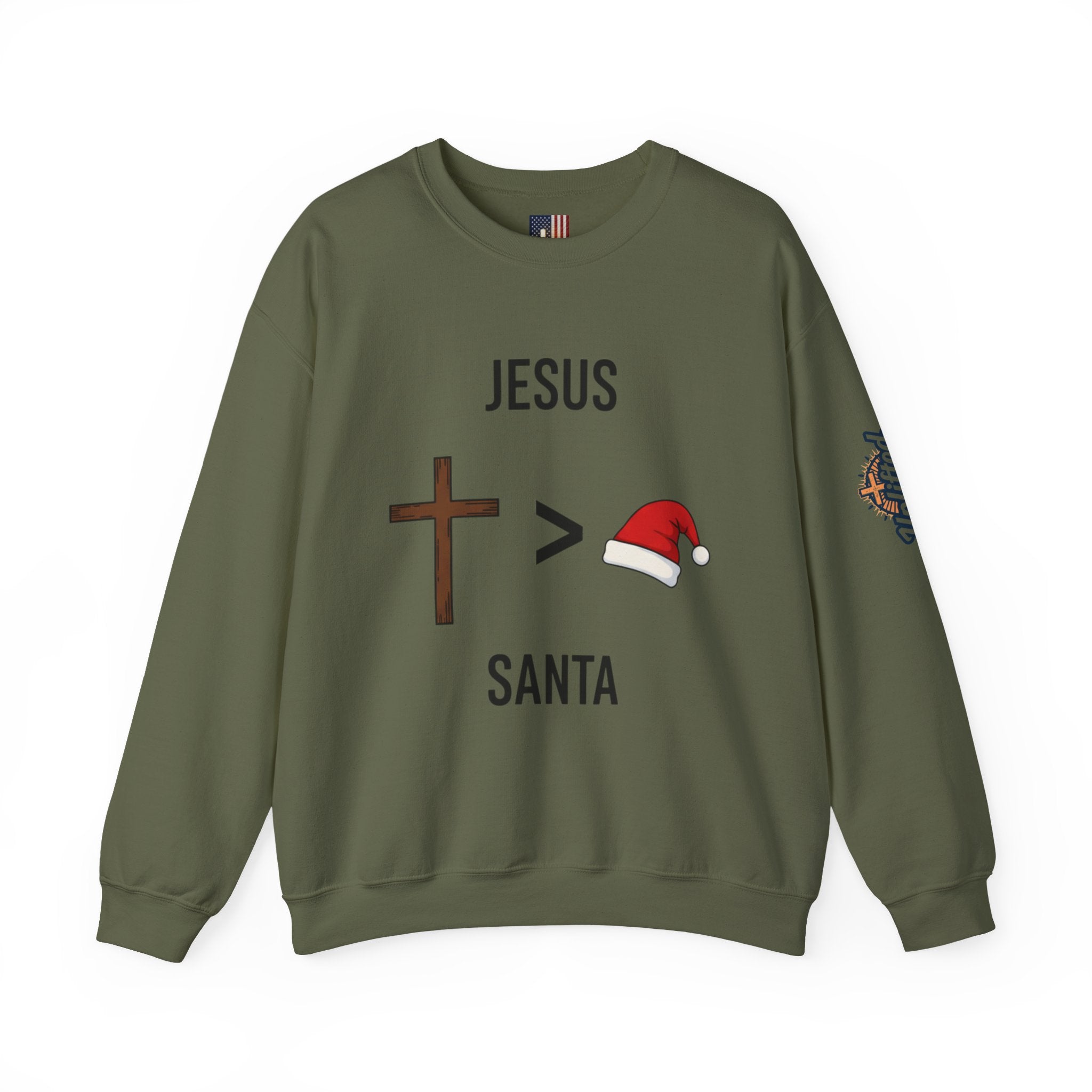 🎄 Jesus > Santa – Minimalist Christian Christmas Sweatshirt | Bold Faith Over Holiday Tee | Cross vs Santa Hat Design | Uplifted Gear Printify