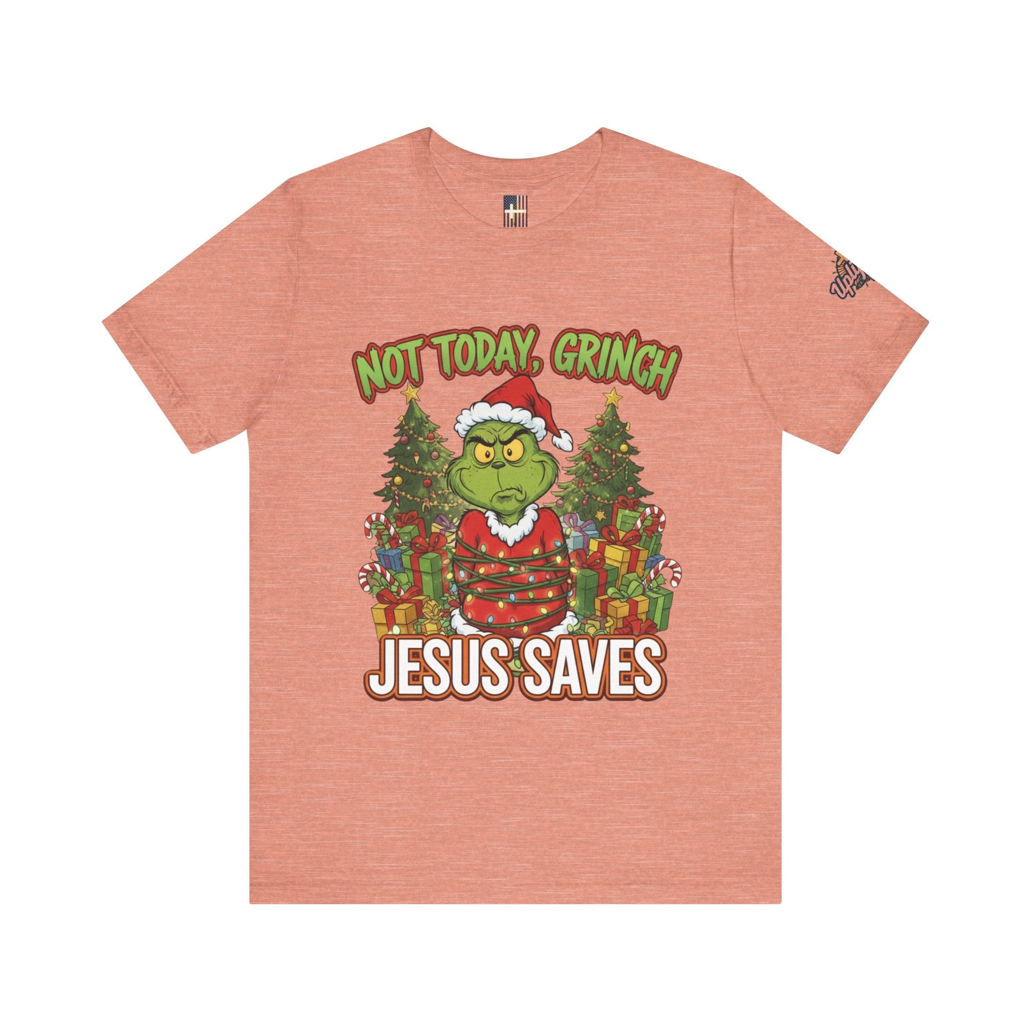 🎄 Not Today, Grinch – Jesus Saves | Funny Christian Christmas T-Shirt | Sulking Grinch & Glowing Cross | Bold Neon Faith Tee by Uplifted Gear Printify