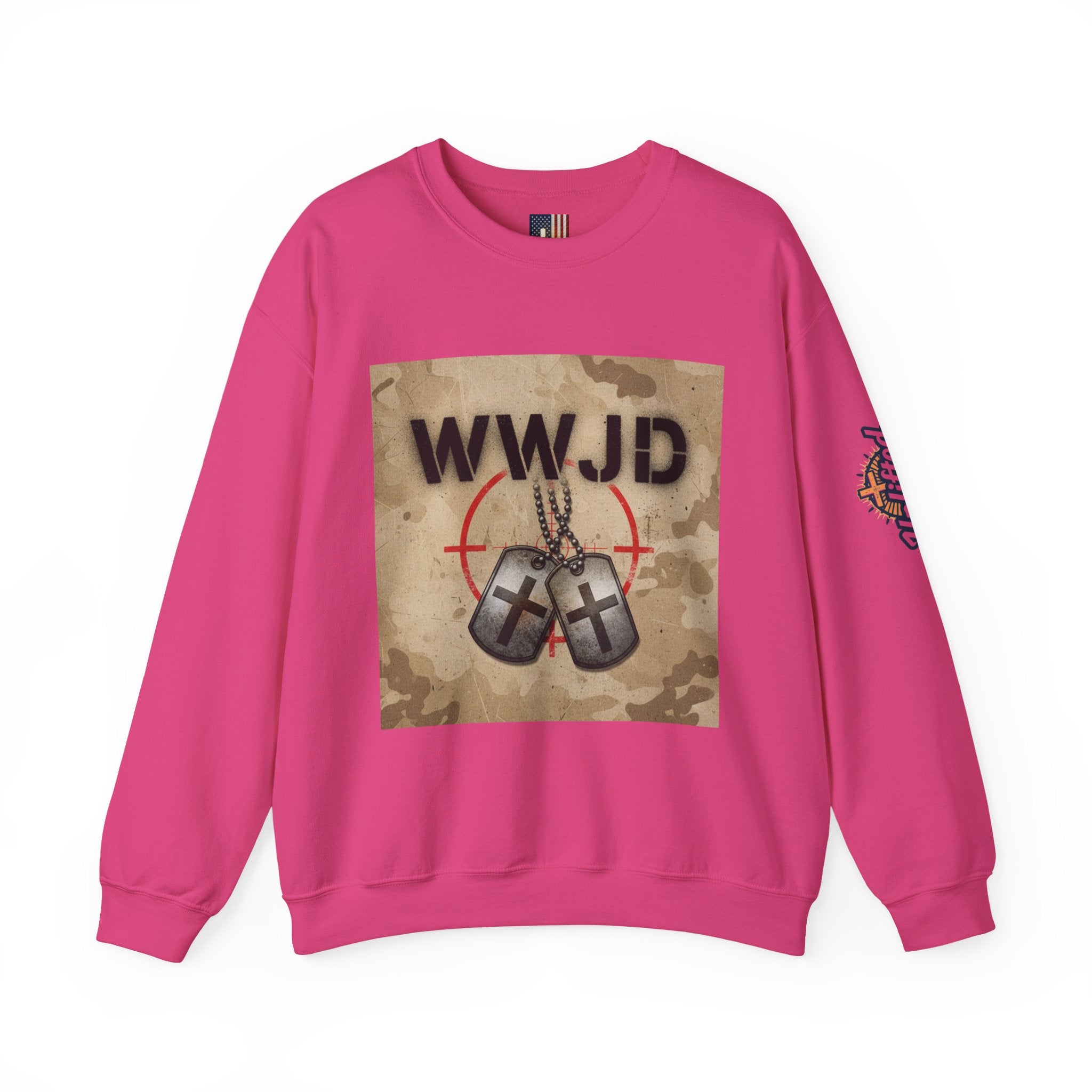 WWJD Sweatshirt – Military Dog Tags What Would Jesus Do Camo Christian Sweatshirt for Bold Faith & Streetwear Printify