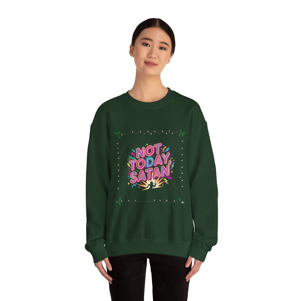 🔥 Not Today, Satan – Retro 90s Christian Sweatshirt | Neon Faith Tee | Funky Cartoon Devil | Bold Bible Verse Shirt | Uplifted Gear Printify