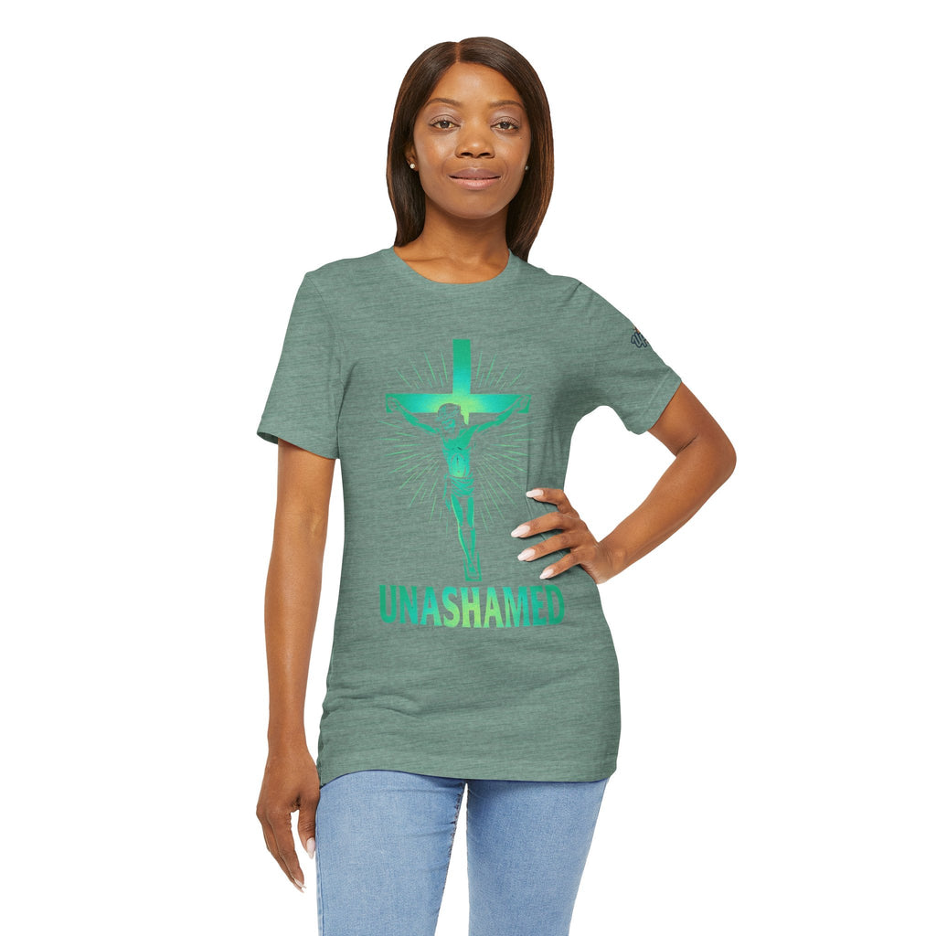 Unashamed T-shirt – Romans 1:16 Crucifixion Christian t-shirt for Bold Unwavering Faith Printify