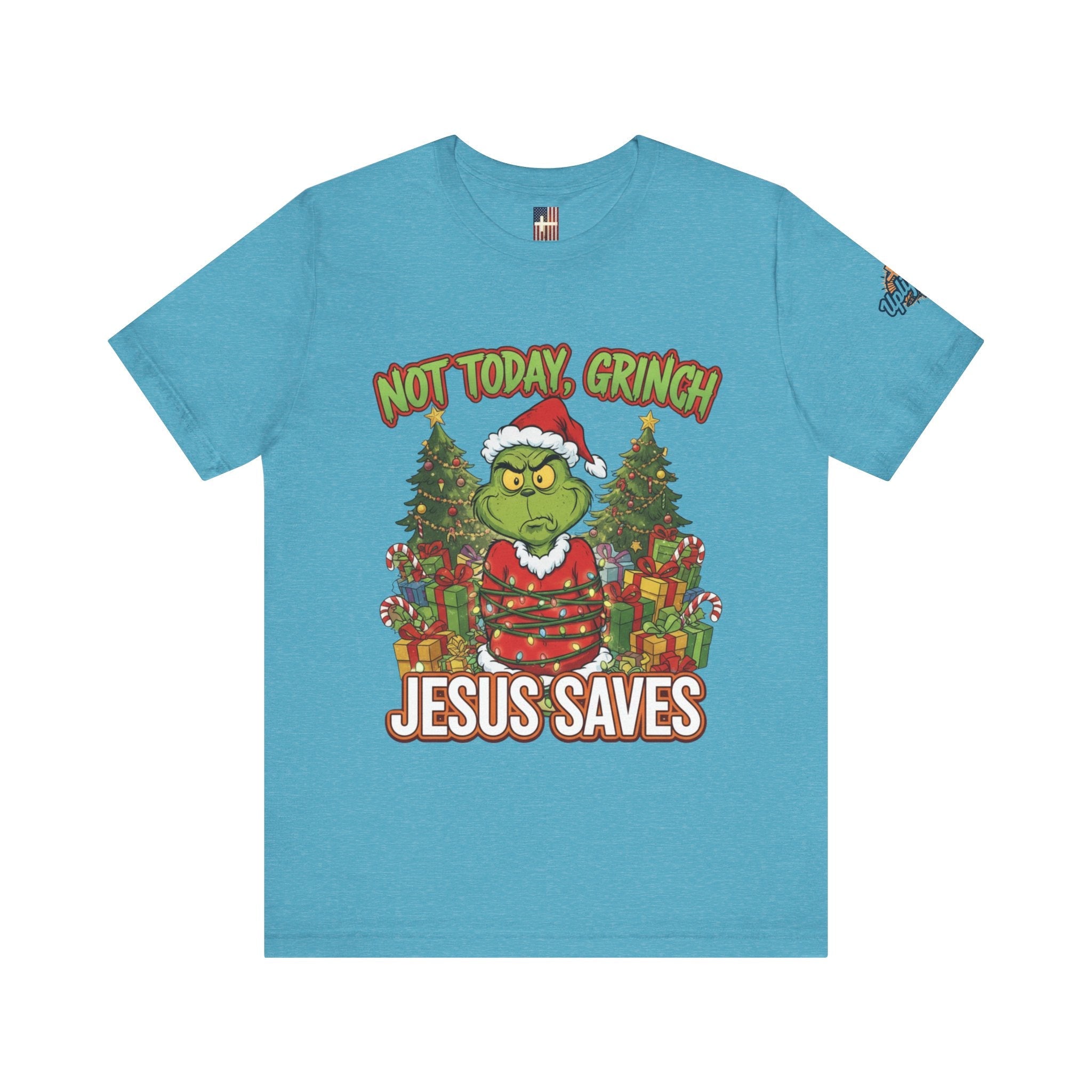 🎄 Not Today, Grinch – Jesus Saves | Funny Christian Christmas T-Shirt | Sulking Grinch & Glowing Cross | Bold Neon Faith Tee by Uplifted Gear Printify