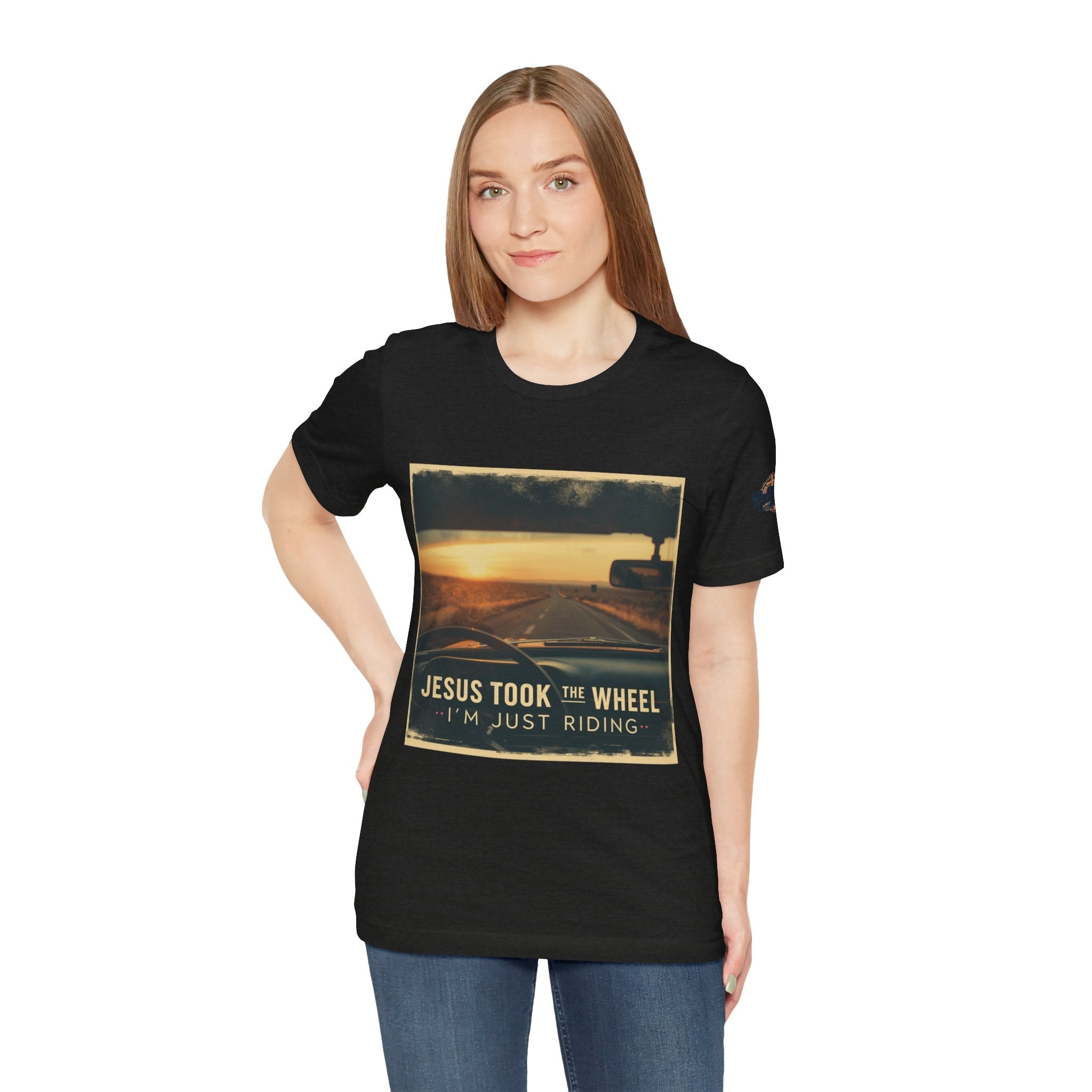 Jesus Took the Wheel I'm Just Riding T-shirt – Funny Christian Convertible Car T-shirt for Surrendered Faith & Humor Printify
