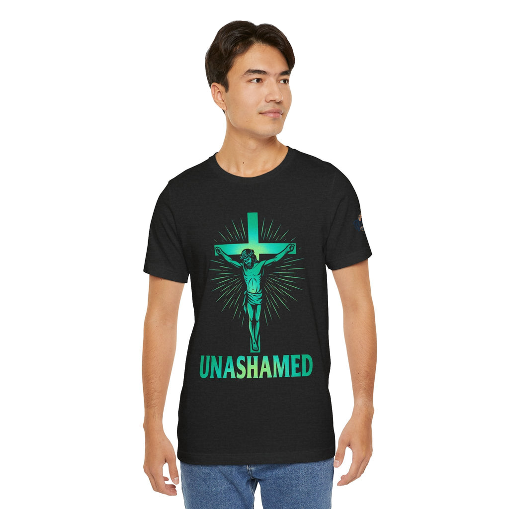 Unashamed T-shirt – Romans 1:16 Crucifixion Christian t-shirt for Bold Unwavering Faith Printify
