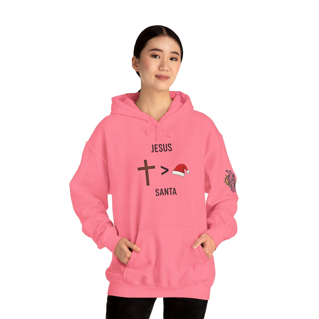 🎄 Jesus > Santa – Minimalist Christian Christmas Hoodie | Bold Faith Over Holiday Tee | Cross vs Santa Hat Design | Uplifted Gear Printify