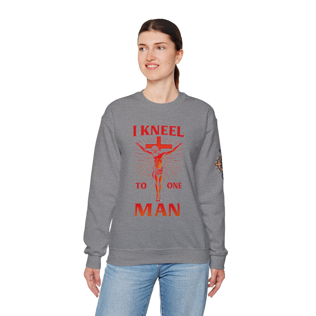 I Kneel to One Man Sweatshirt – Crucifixion Christian Sweatshirt for Unashamed Devotion & Bold Faith Printify