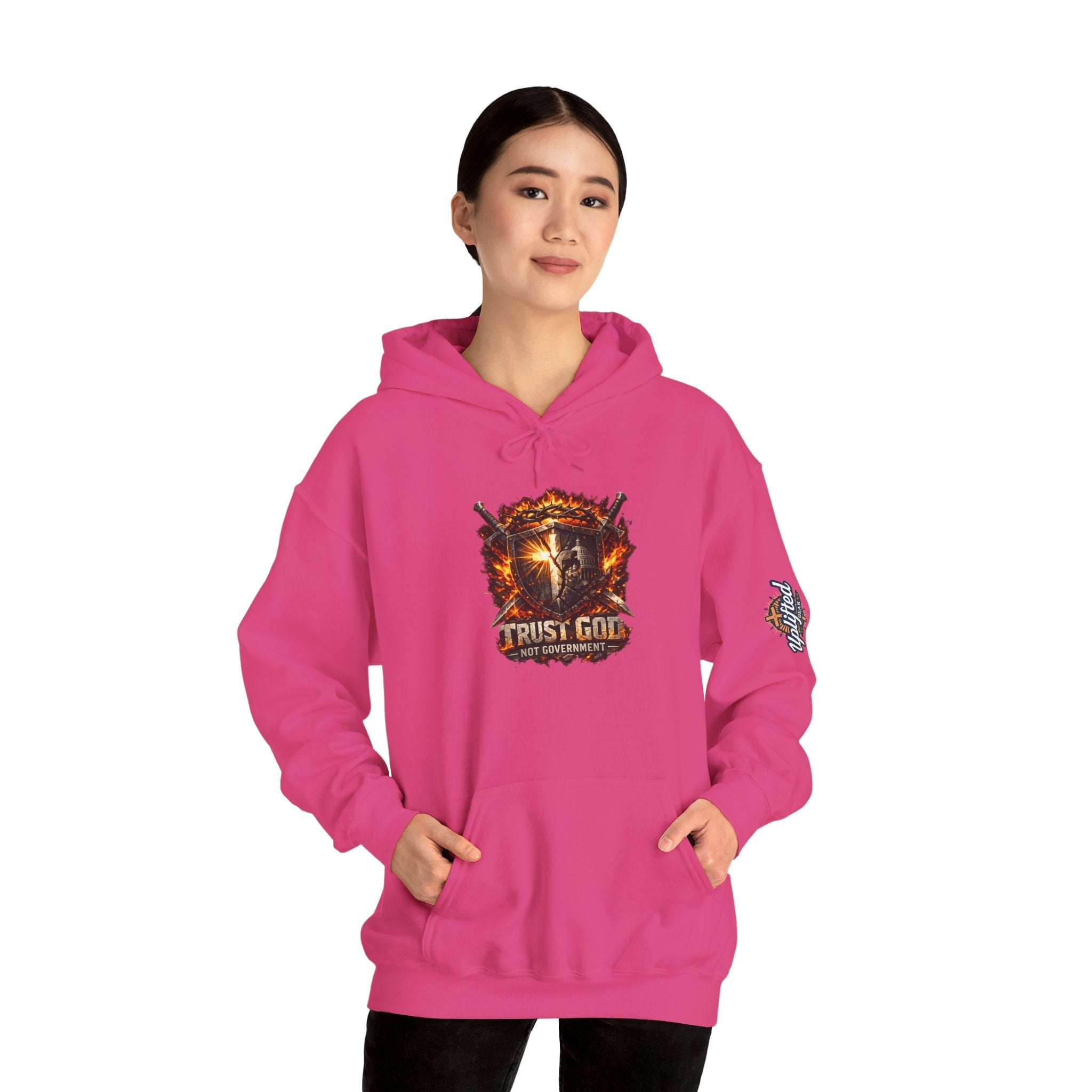 Trust God Not Government Shield Hoodie — Patriotic Christian Faith Hoodie Printify