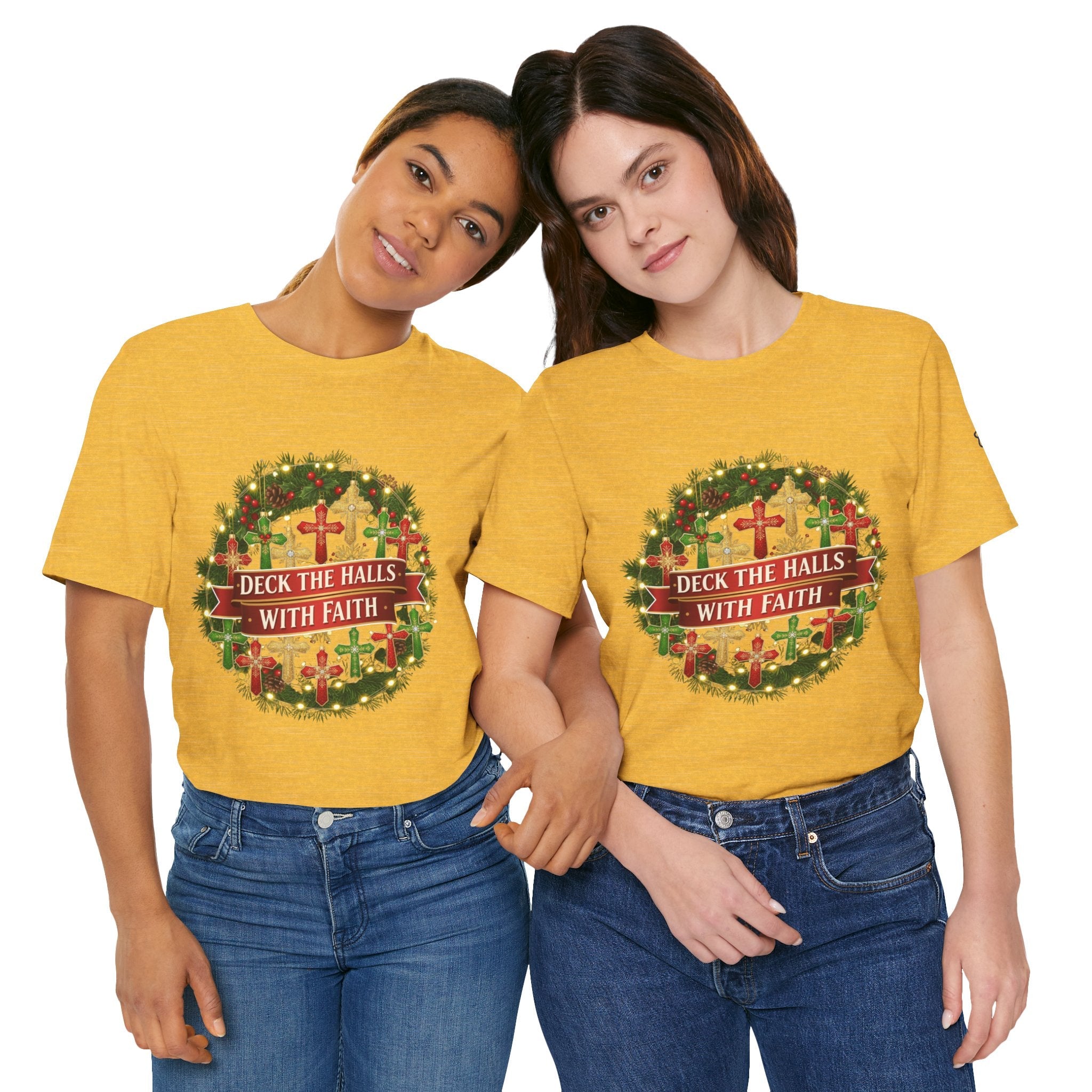 🎄 Deck the Halls with Faith – Christian Christmas T-Shirt | Cross Ornament Design & Festive Garland | Bold Holiday Faith Tee by Uplifted Gear Printify