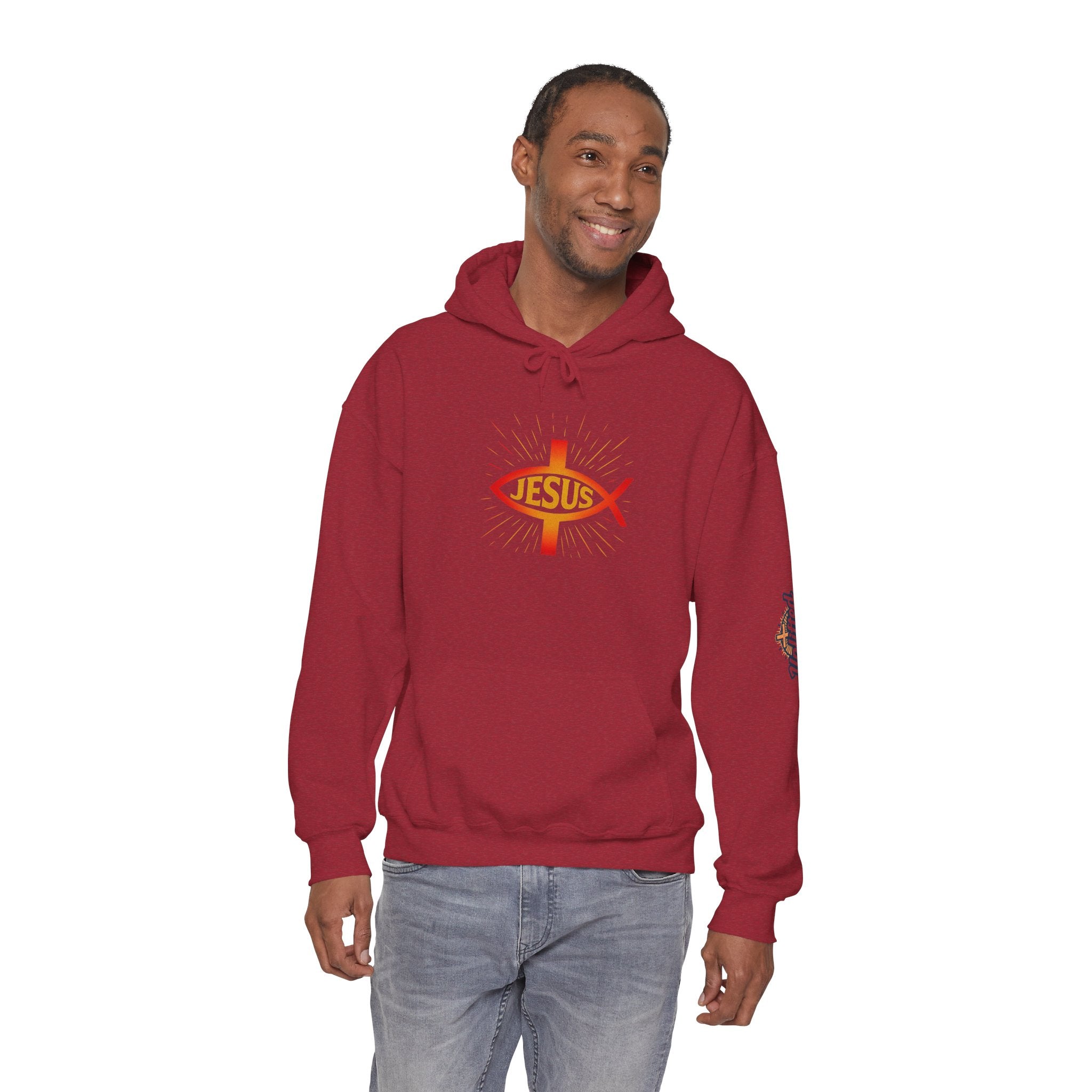 Jesus Ichthys Hoodie – Christian Fish Symbol with Cross & Jesus Inscription Sweatshirt for Eternal Faith & Streetwear Printify