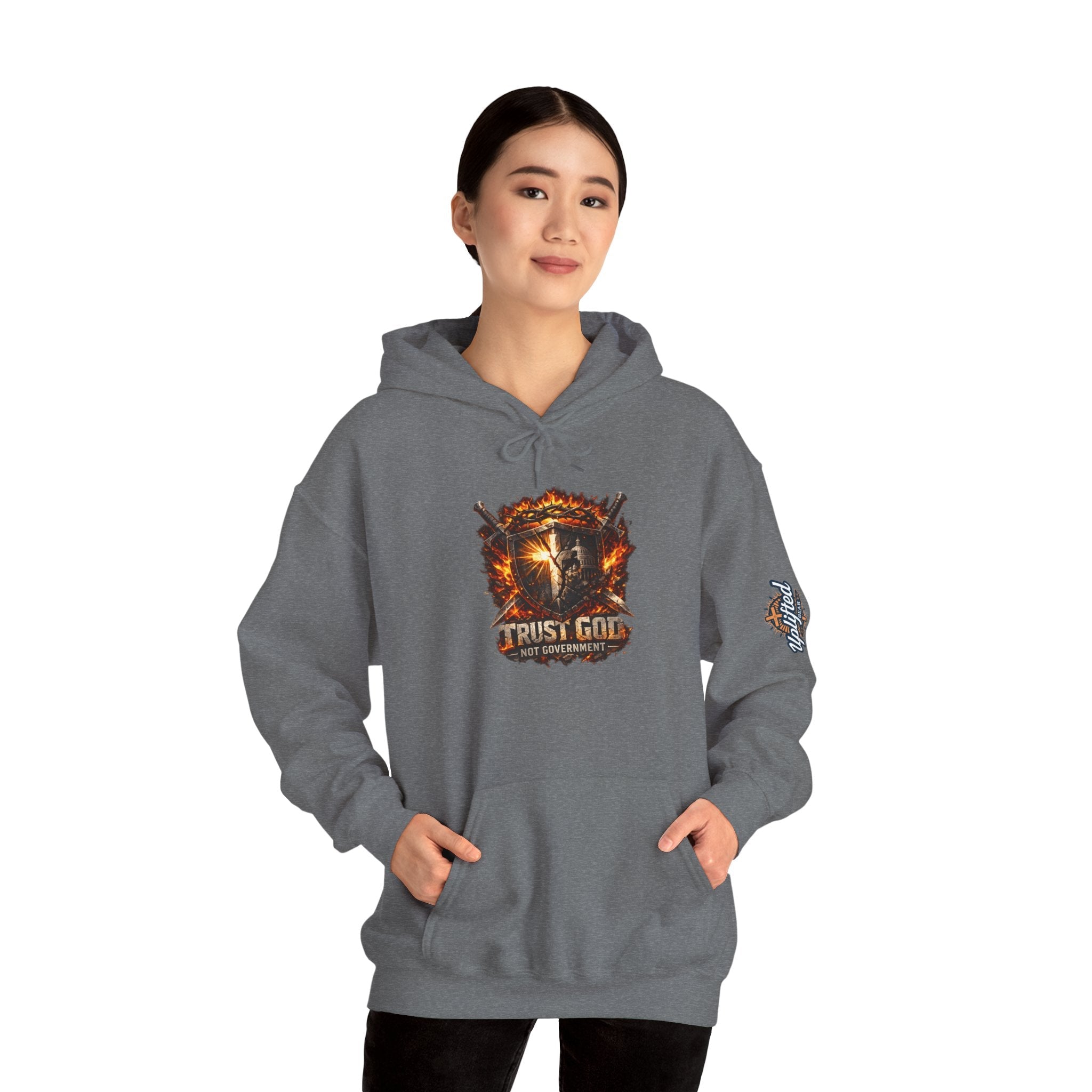 Trust God Not Government Shield Hoodie — Patriotic Christian Faith Hoodie Printify