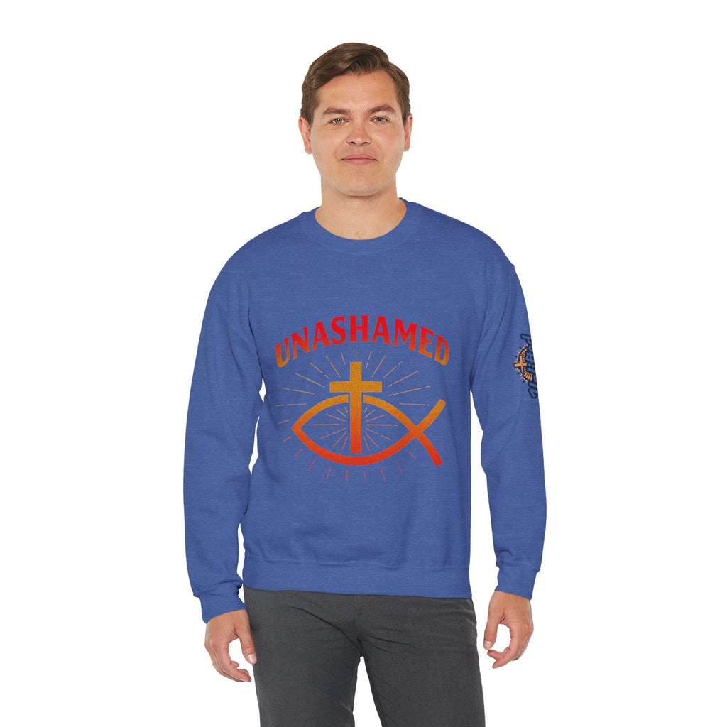 Unashamed Sweatshirt – Ichthys Jesus Fish & Cross Christian Sweatshirt for Romans 1:16 Bold Faith Printify