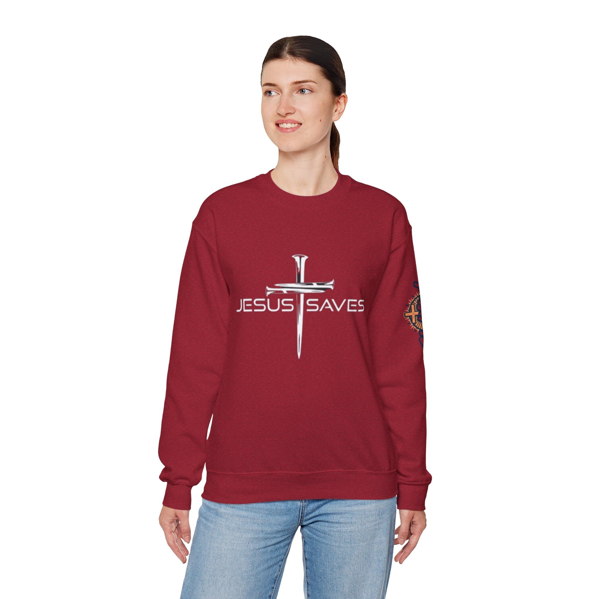 Jesus Saves Sweatshirt – 3 Nails Crucifix Cross Christian Sweatshirt for Redemption Faith & Bold Salvation Printify