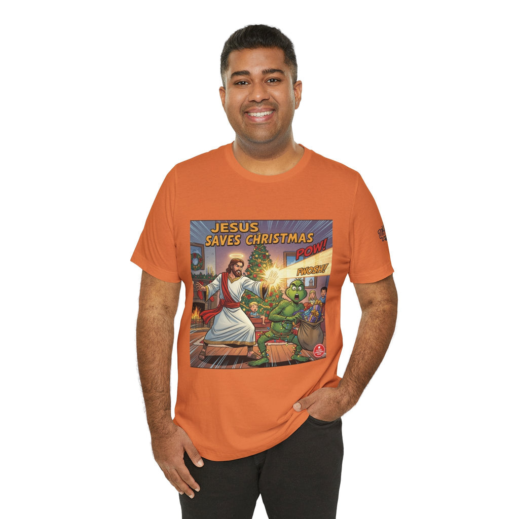 Jesus Saves Christmas T-shirt – Grinch vs Savior Light Battle Christian T-shirt for Hilarious Holiday Faith & True Joy Printify