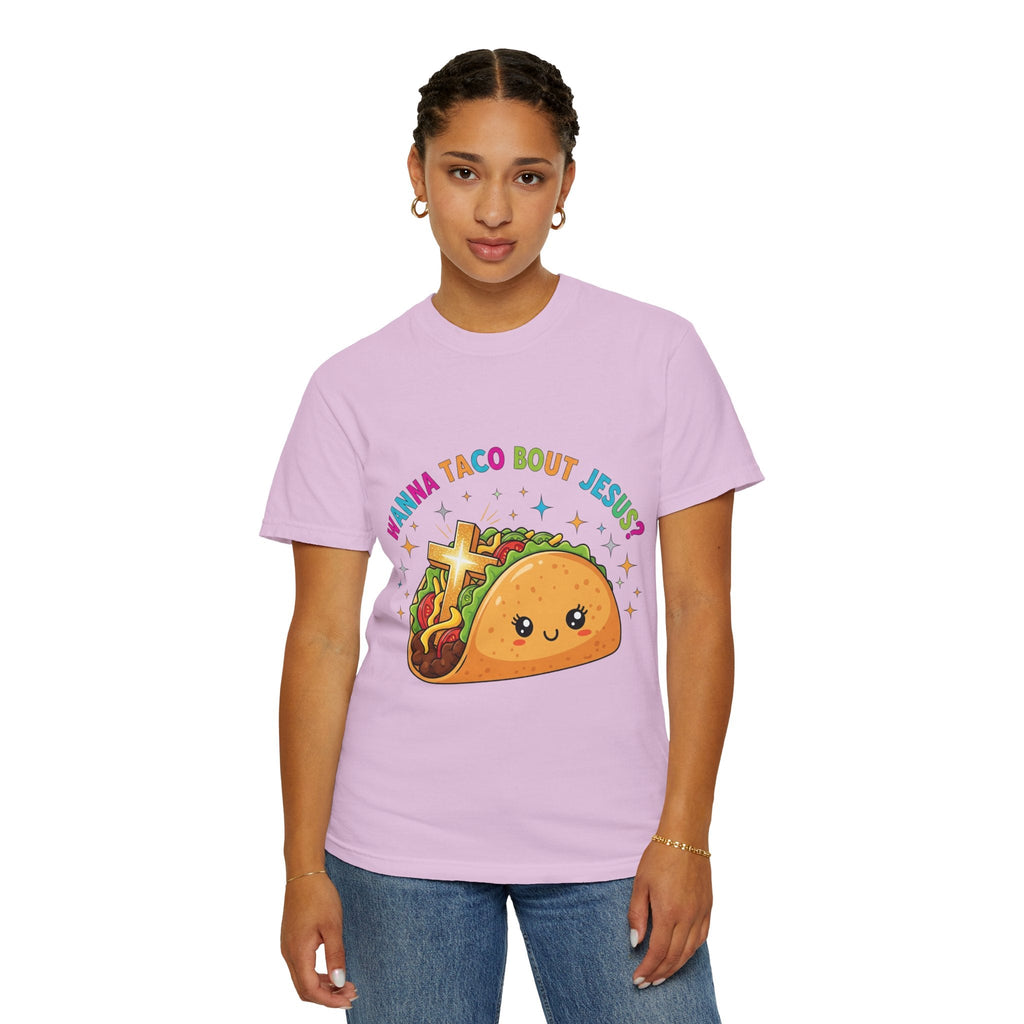 Wanna Taco 'Bout Jesus? Funny Christian Pun T-Shirt – Lettuce Pray & Share Faith! Printify
