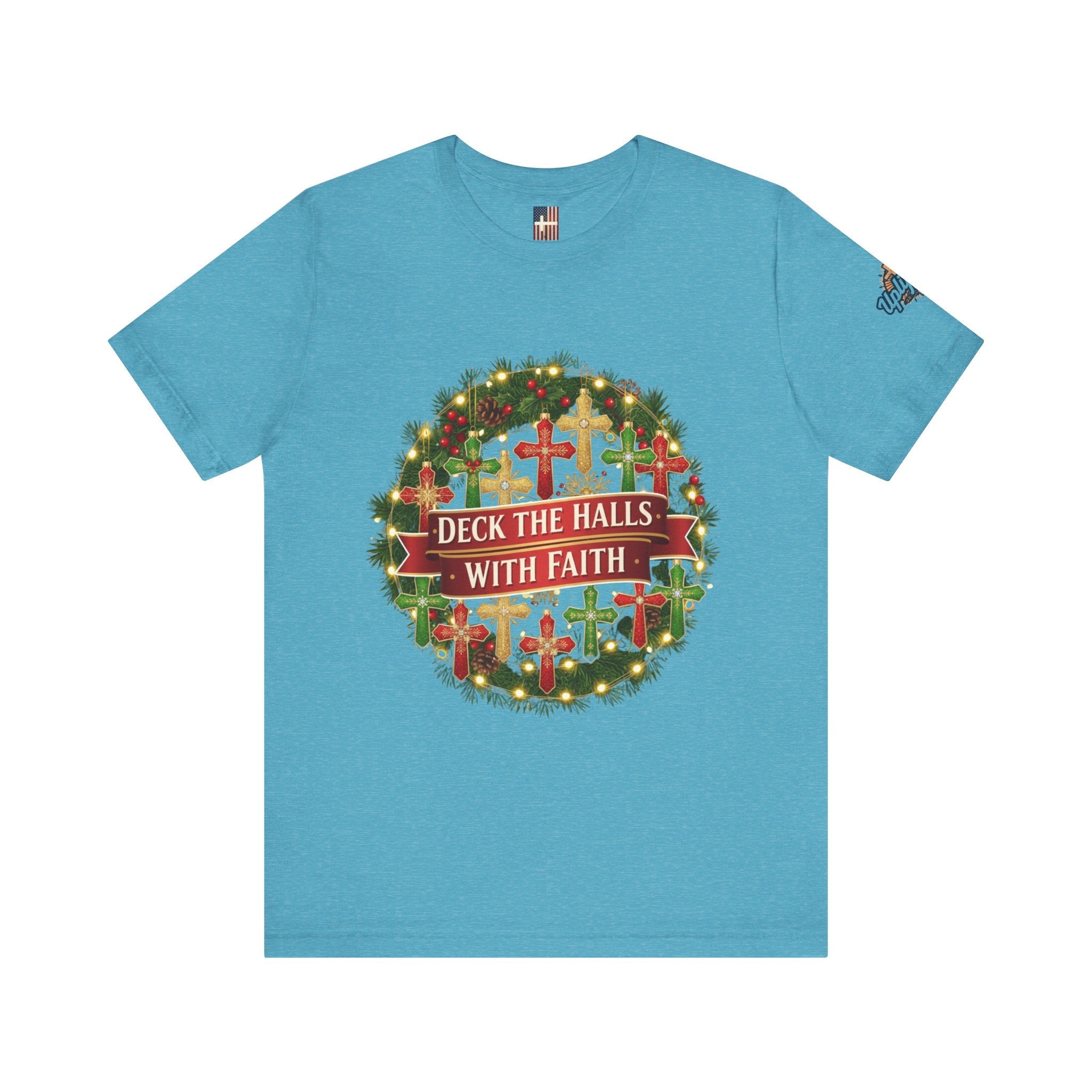 🎄 Deck the Halls with Faith – Christian Christmas T-Shirt | Cross Ornament Design & Festive Garland | Bold Holiday Faith Tee by Uplifted Gear Printify