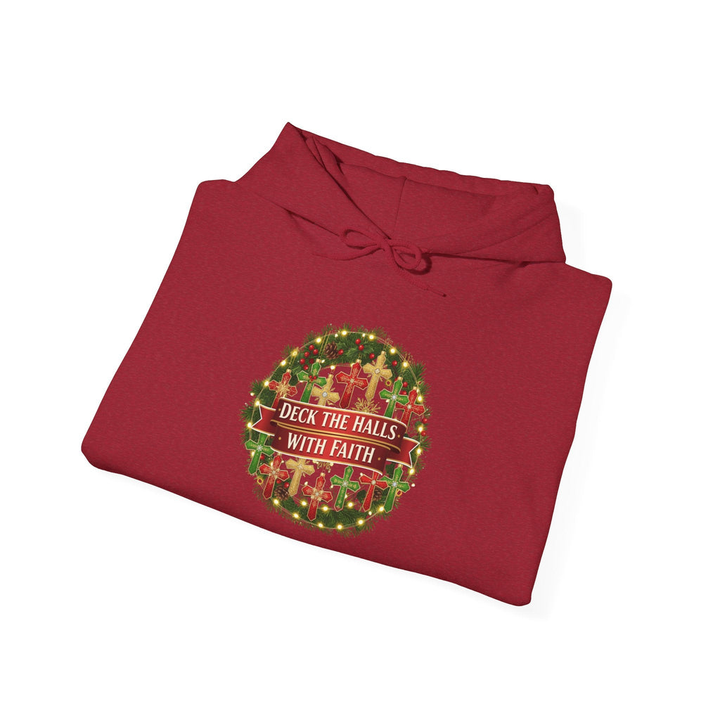 🎄 Deck the Halls with Faith – Christian Christmas Hoodie | Cross Ornament Design & Festive Garland | Bold Holiday Faith Tee by Uplifted Gear Printify