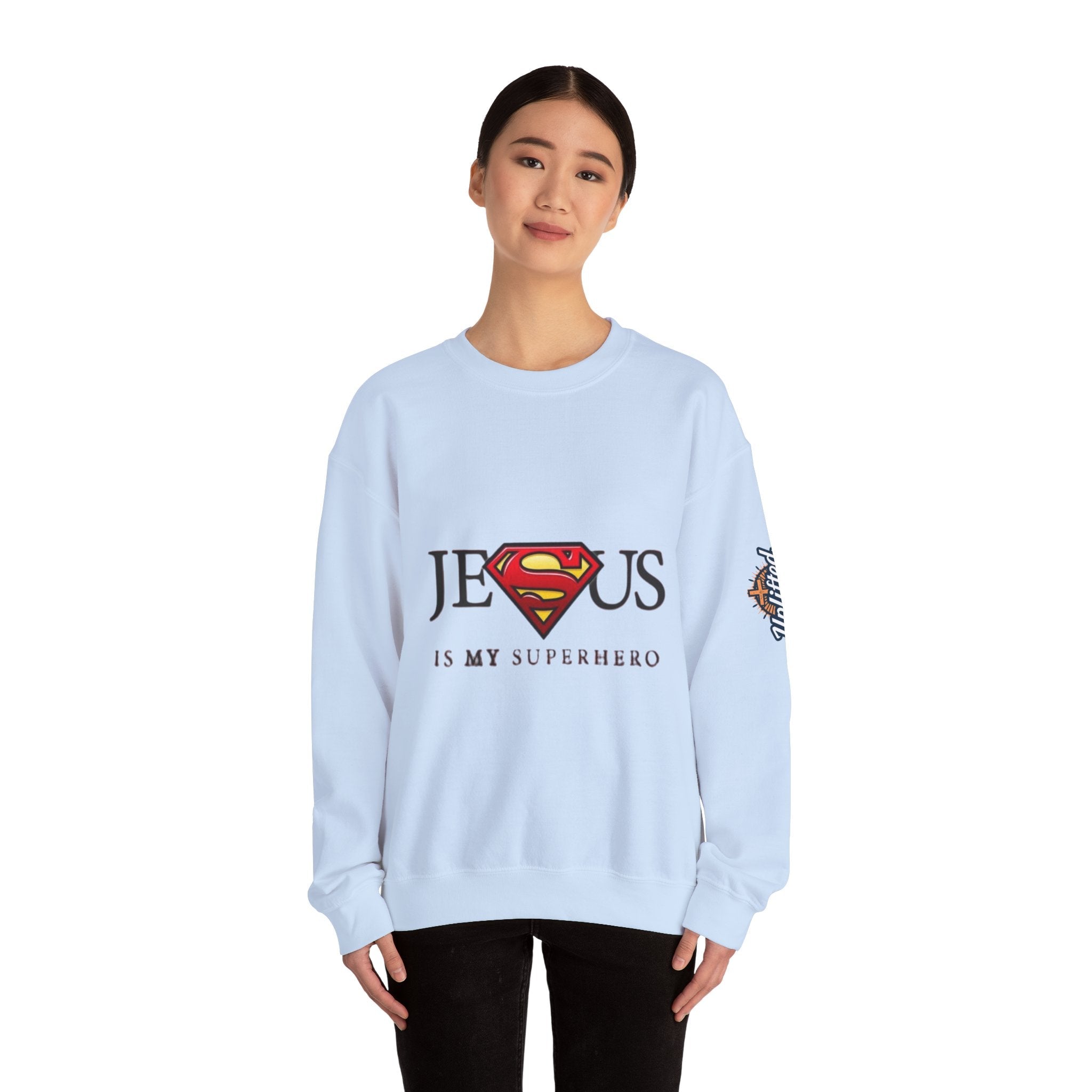Jesus Is My Superhero Crewneck Sweatshirt Printify