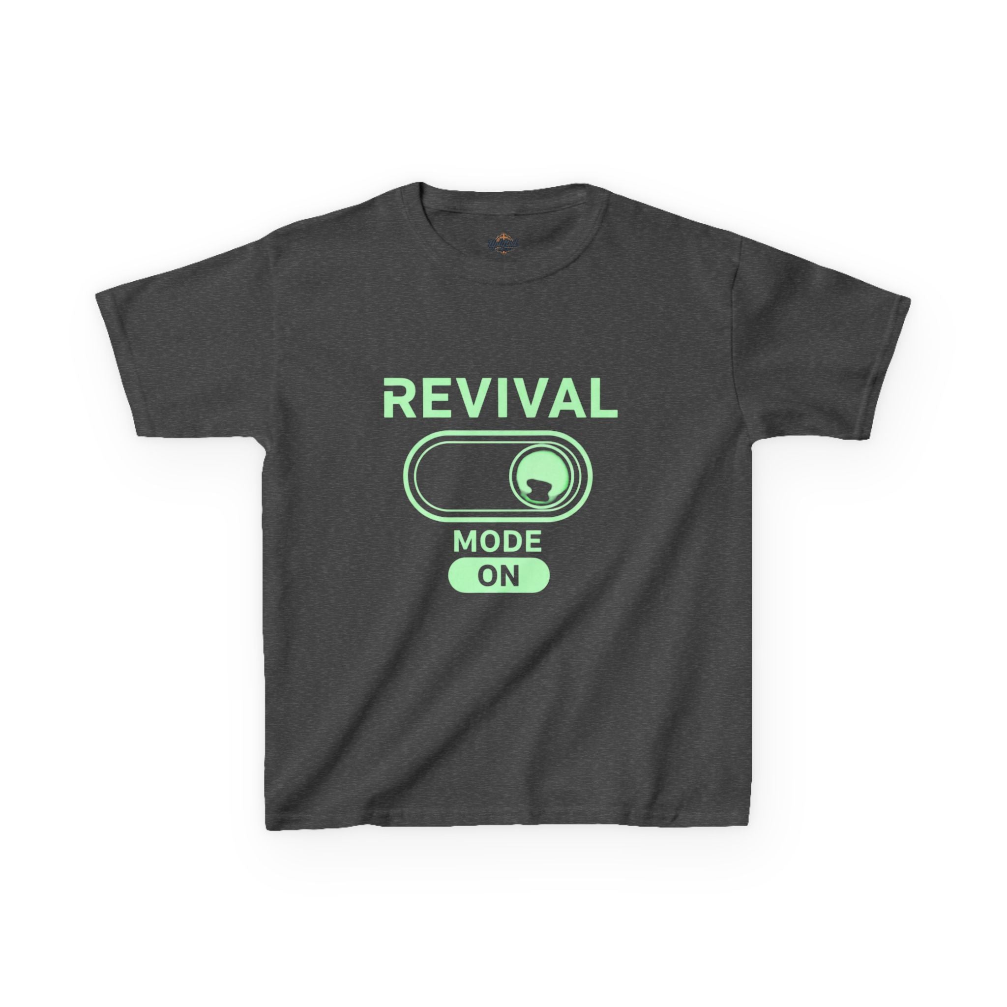 🔥 Revival Mode: ON – Christian Techwear Kids T-Shirt | Glowing Green Faith Switch | Futuristic Jesus Shirt | Activate Your Spiritual Awakening | Uplifted Gear Printify