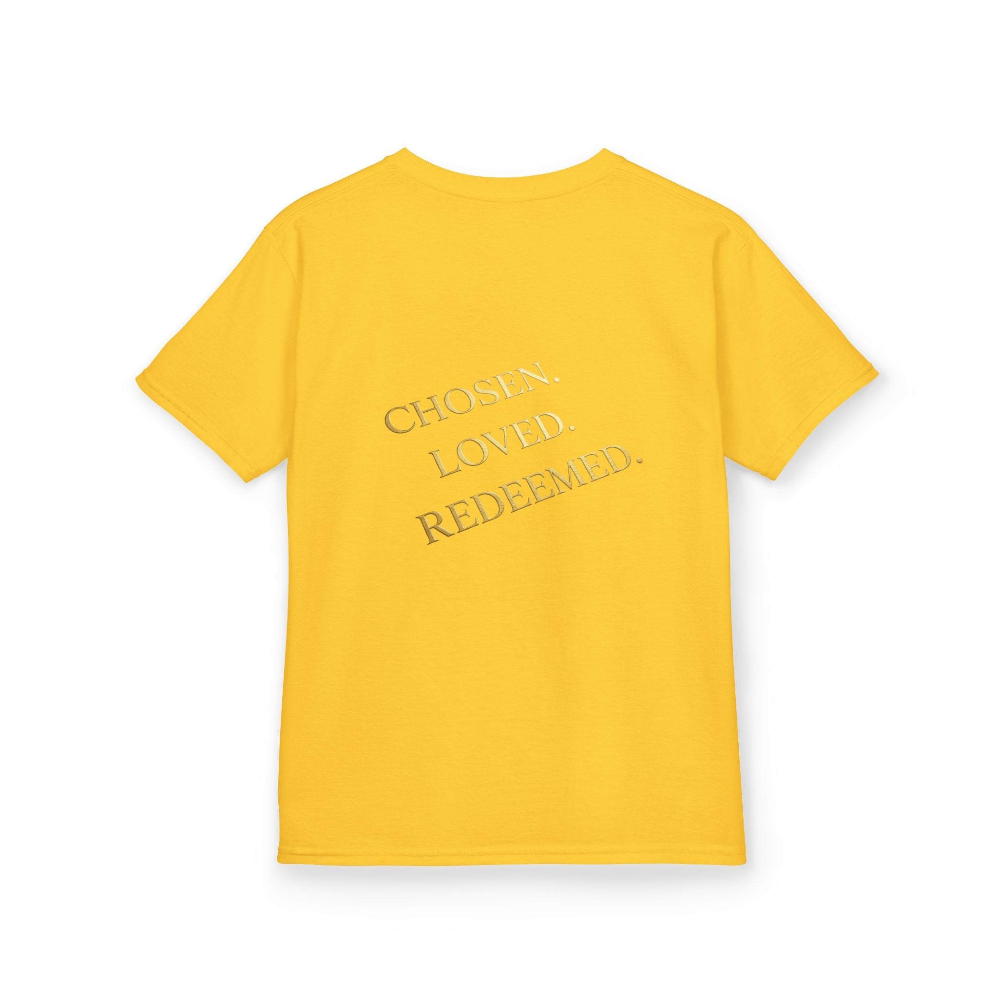 ✨ Chosen. Loved. Redeemed. – Elegant Christian Kids T-Shirt | Gold Foil Faith Tee | Subtle Cross & Heart Design | Inspirational Bible Verse Apparel by Uplifted Gear Printify