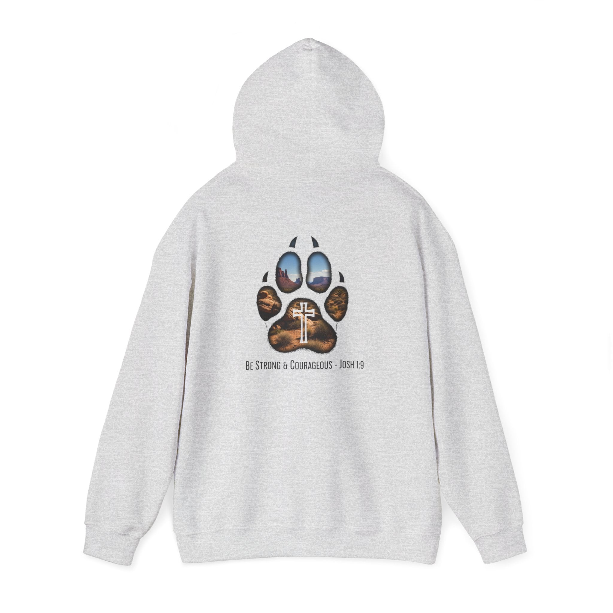 Strong and Courageous Hoodie – Joshua 1:9 Canine Pawprint Desert Christian Hoodie for Dog Lovers Printify