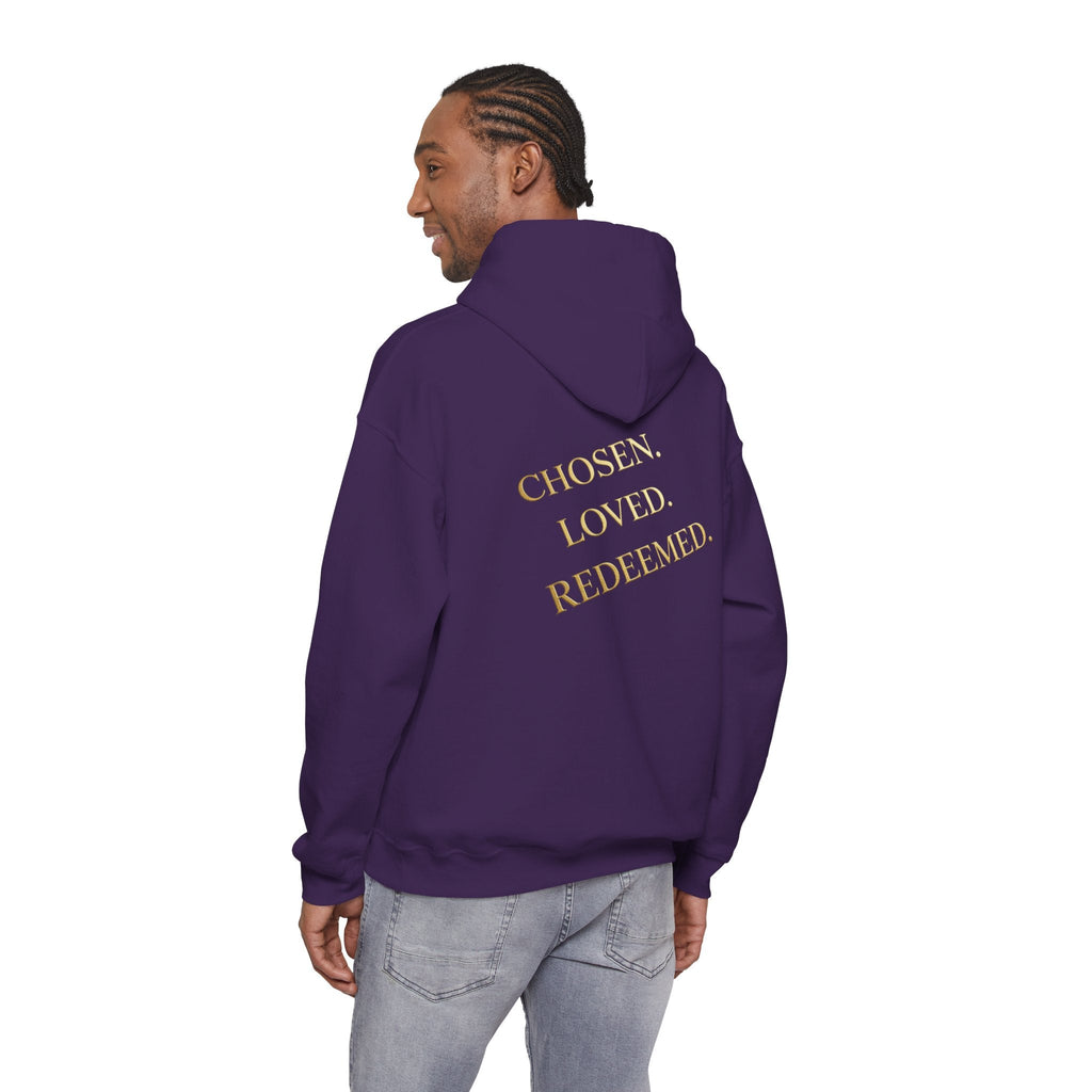 ✨ Chosen. Loved. Redeemed. – Elegant Christian Hoodie | Gold Foil Faith Tee | Subtle Cross & Heart Design | Inspirational Bible Verse Apparel by Uplifted Gear Printify