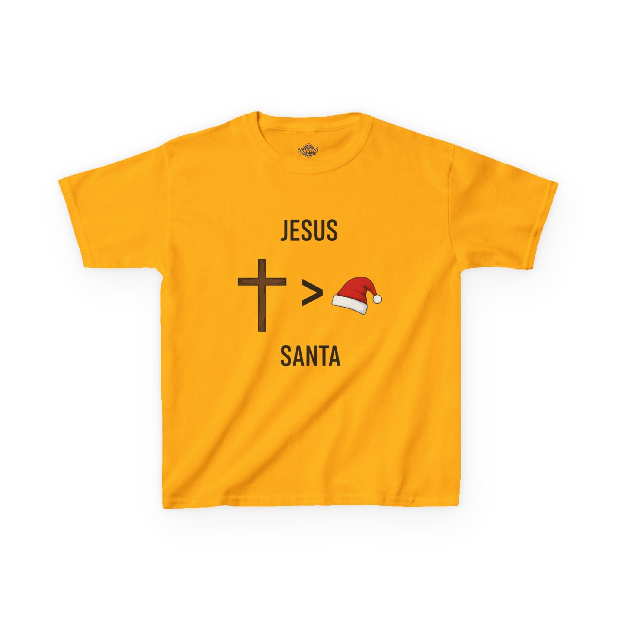 🎄 Jesus > Santa – Minimalist Christian Christmas Kids T-Shirt | Bold Faith Over Holiday Tee | Cross vs Santa Hat Design | Uplifted Gear Printify