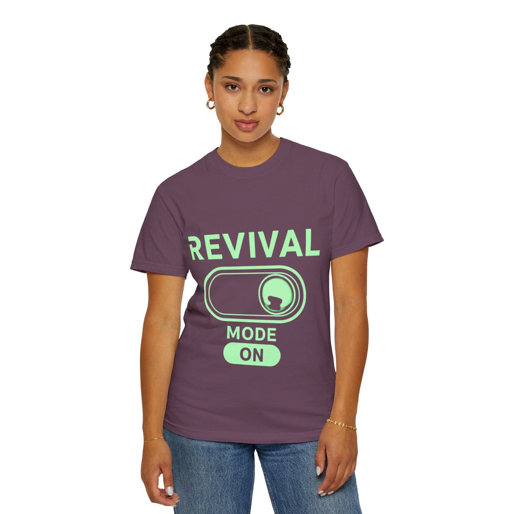🔥 Revival Mode: ON – Christian Techwear T-Shirt | Glowing Green Faith Switch | Futuristic Jesus Shirt | Activate Your Spiritual Awakening | Uplifted Gear Printify