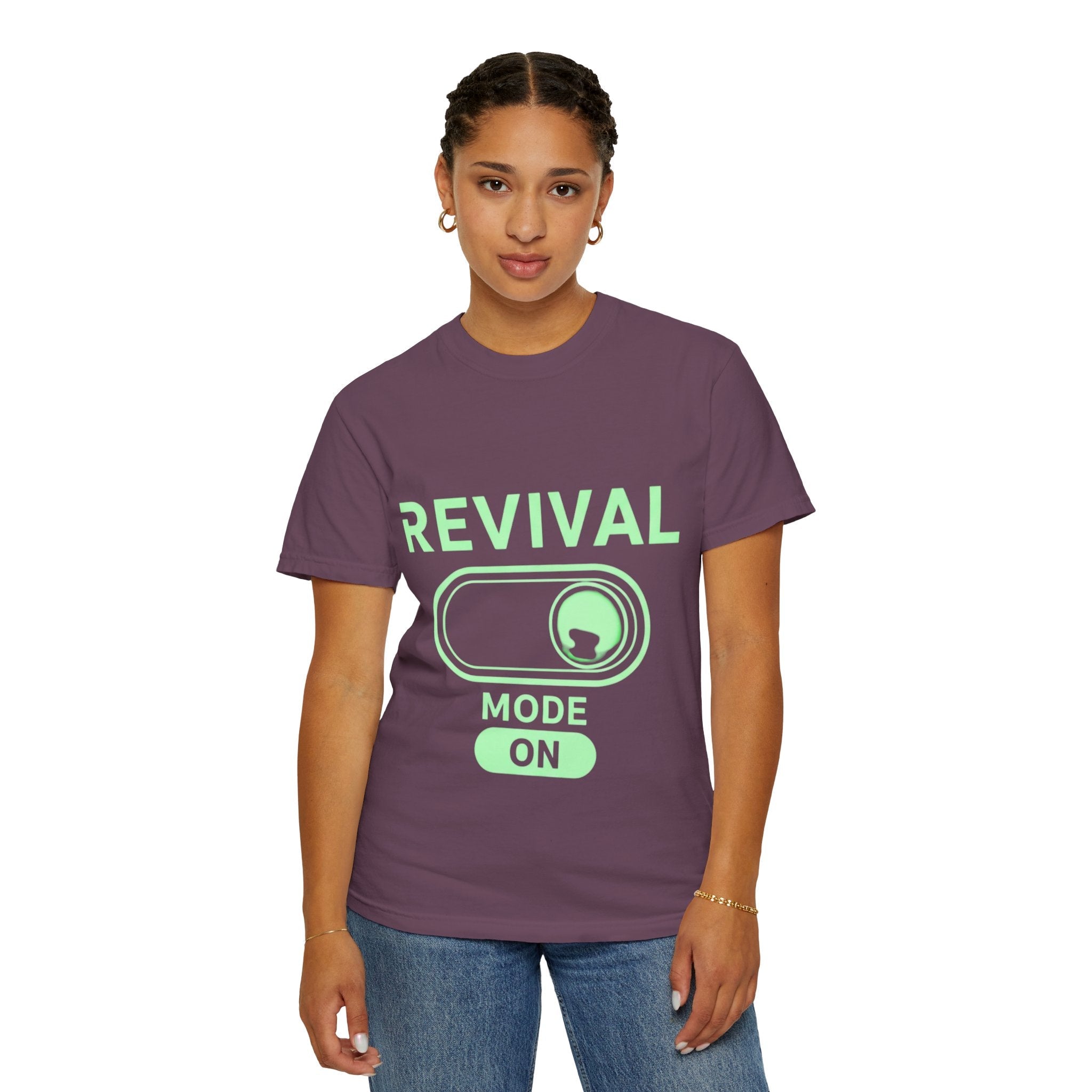 🔥 Revival Mode: ON – Christian Techwear T-Shirt | Glowing Green Faith Switch | Futuristic Jesus Shirt | Activate Your Spiritual Awakening | Uplifted Gear Printify